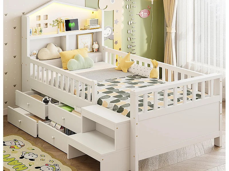 Kinderbed 90x200 cm - met vier laden - met trede - met LED-verlichting - met USB + Type-C oplaadpoort - wit