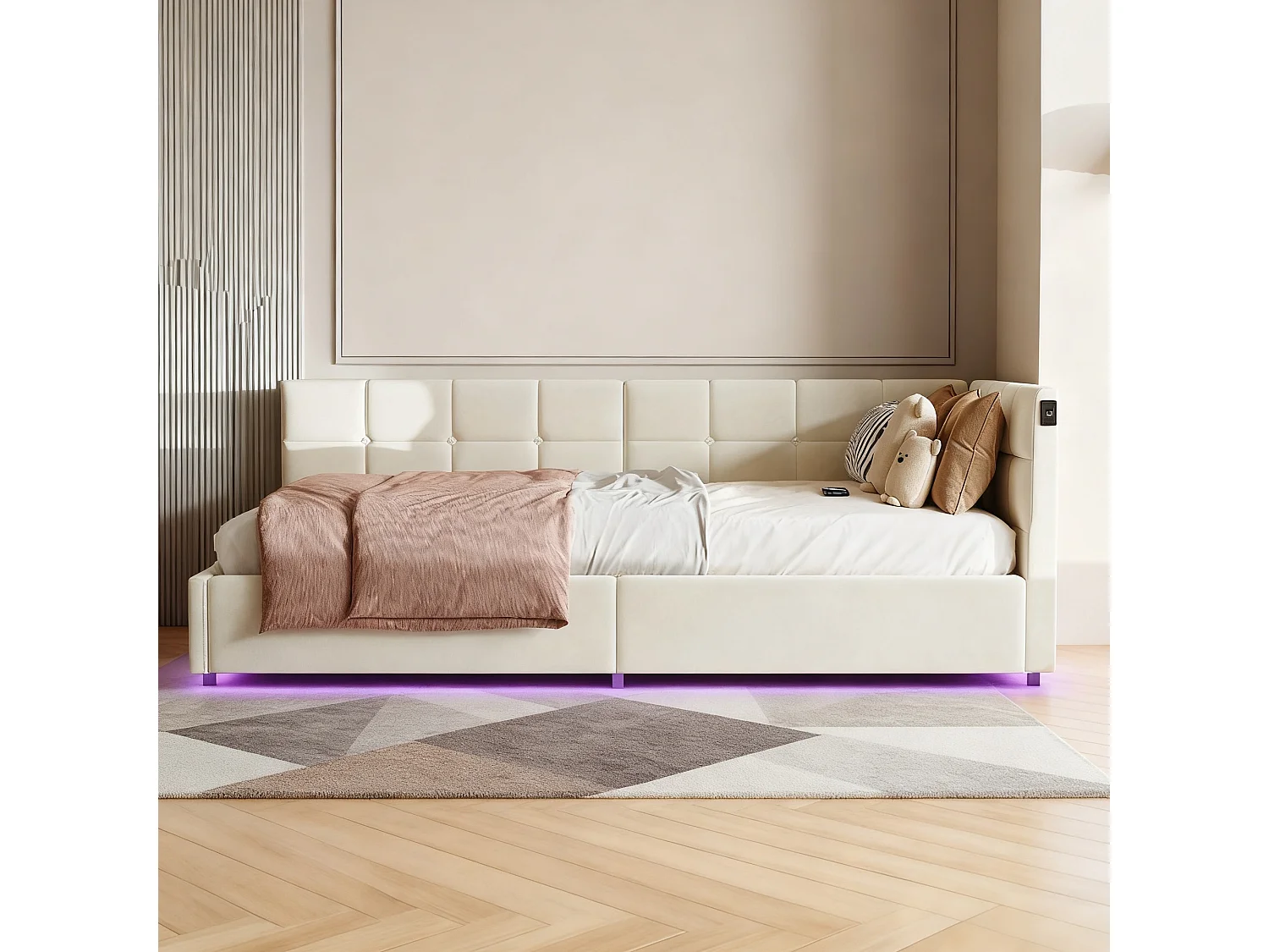 Lit coffre 90x200 cm avec sommier à lattes - avec LED et USB -Canapé-lit rembourré 90x200 cm - lit d'appoint enfant 90x200 - tissu en Velours - beige