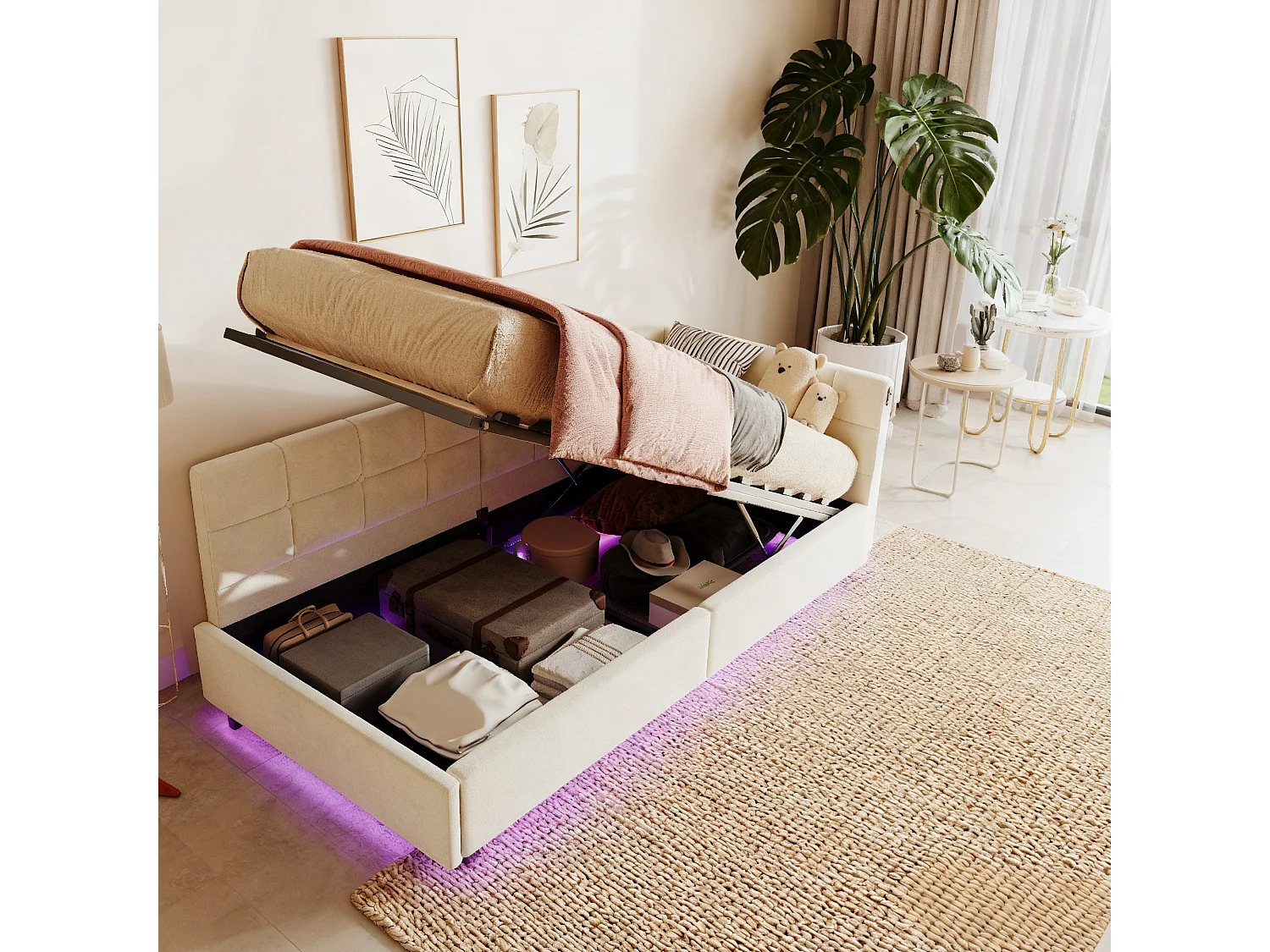 Lit coffre 90x200 cm avec sommier à lattes - avec LED et USB -Canapé-lit rembourré 90x200 cm - lit d'appoint enfant 90x200 - tissu en Velours - beige