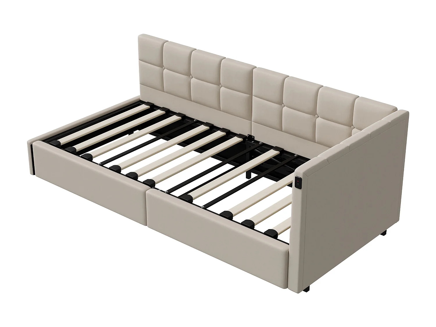 Lit coffre 90x200 cm avec sommier à lattes - avec LED et USB -Canapé-lit rembourré 90x200 cm - lit d'appoint enfant 90x200 - tissu en Velours - beige
