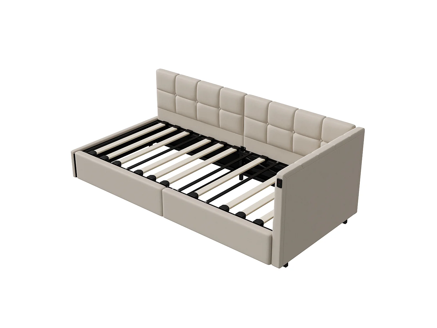 Lit coffre 90x200 cm avec sommier à lattes - avec LED et USB -Canapé-lit rembourré 90x200 cm - lit d'appoint enfant 90x200 - tissu en Velours - beige