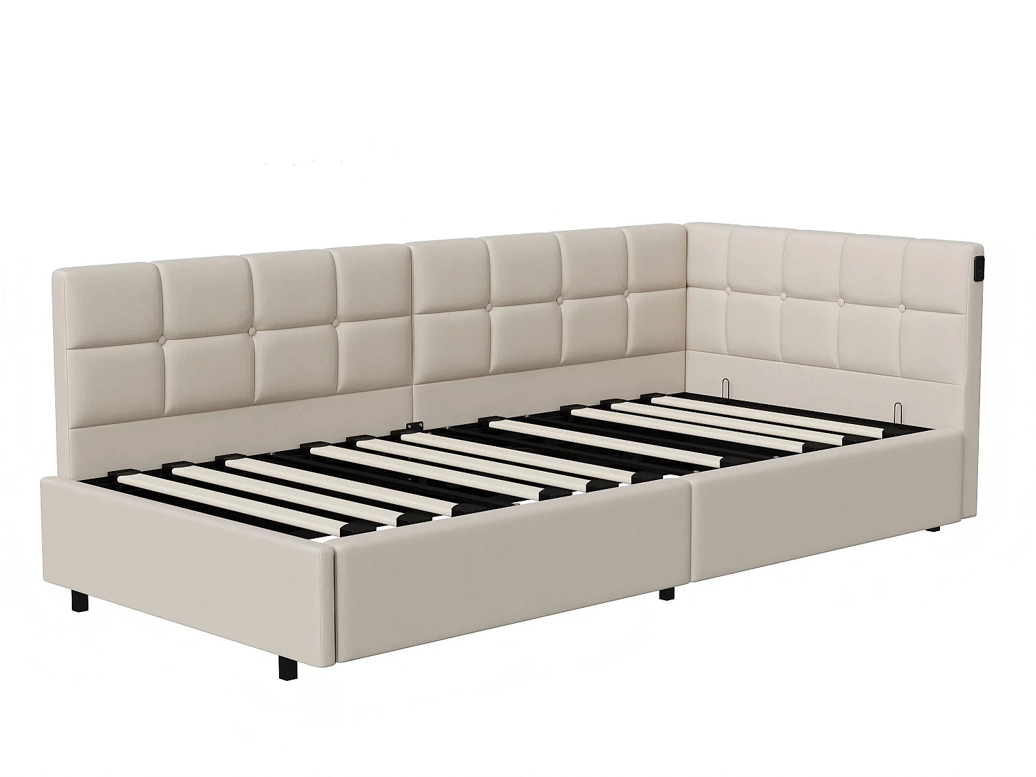 Lit coffre 90x200 cm avec sommier à lattes - avec LED et USB -Canapé-lit rembourré 90x200 cm - lit d'appoint enfant 90x200 - tissu en Velours - beige