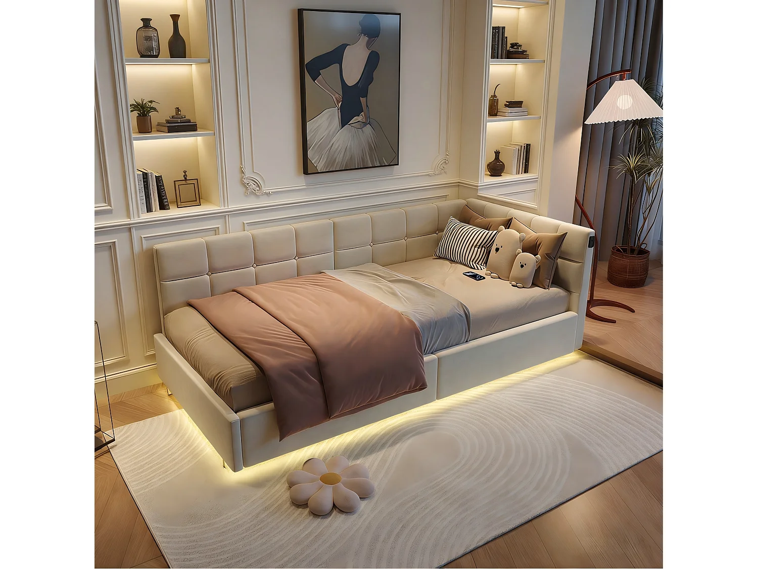 Lit coffre 90x200 cm avec sommier à lattes - avec LED et USB -Canapé-lit rembourré 90x200 cm - lit d'appoint enfant 90x200 - tissu en Velours - beige