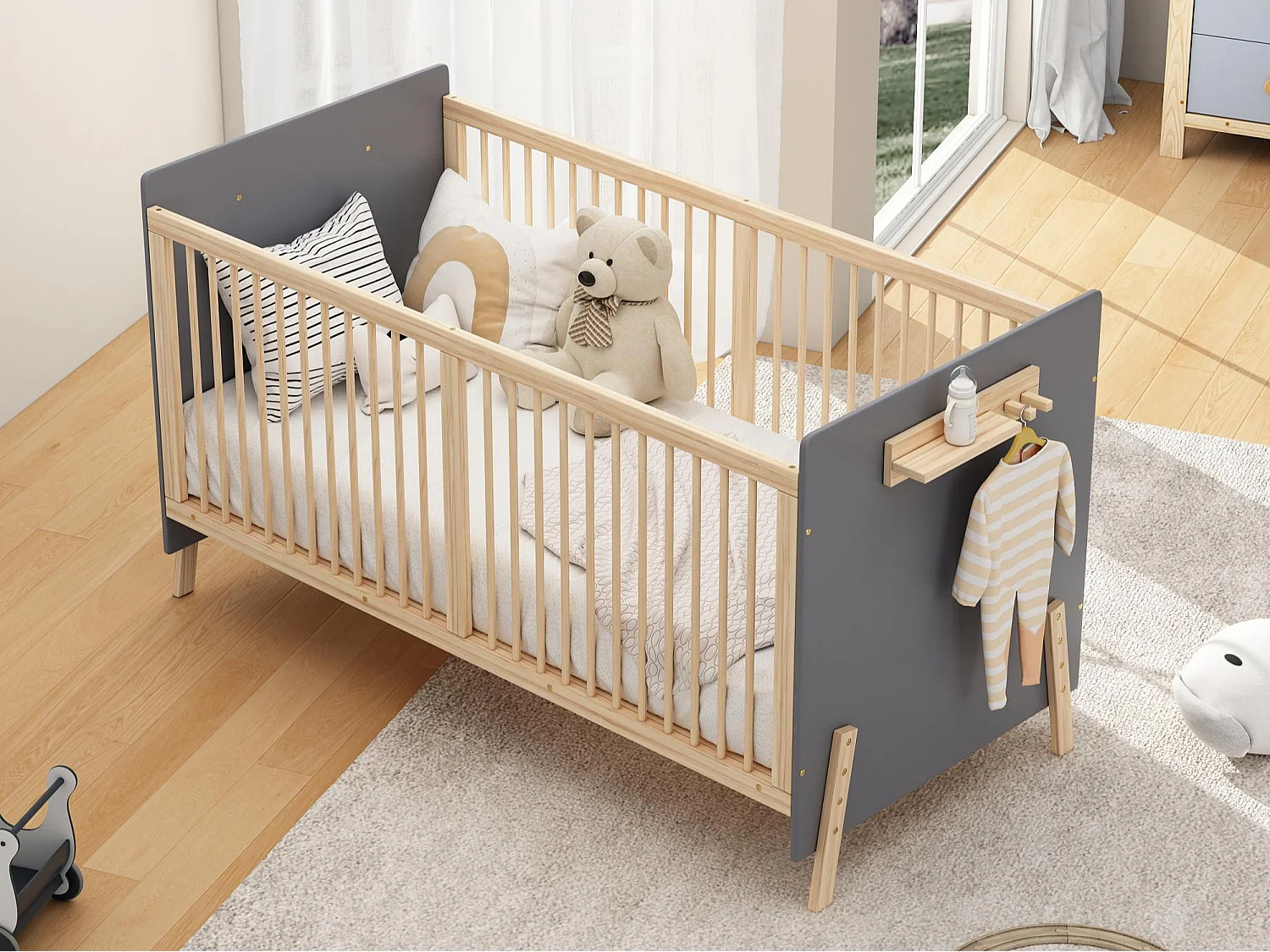Lit bébé en bois 140x70x86 cm - Hauteur réglable - Avec étagère de rangement - Laqué - Bleu-gris + naturel (matelas non inclus)