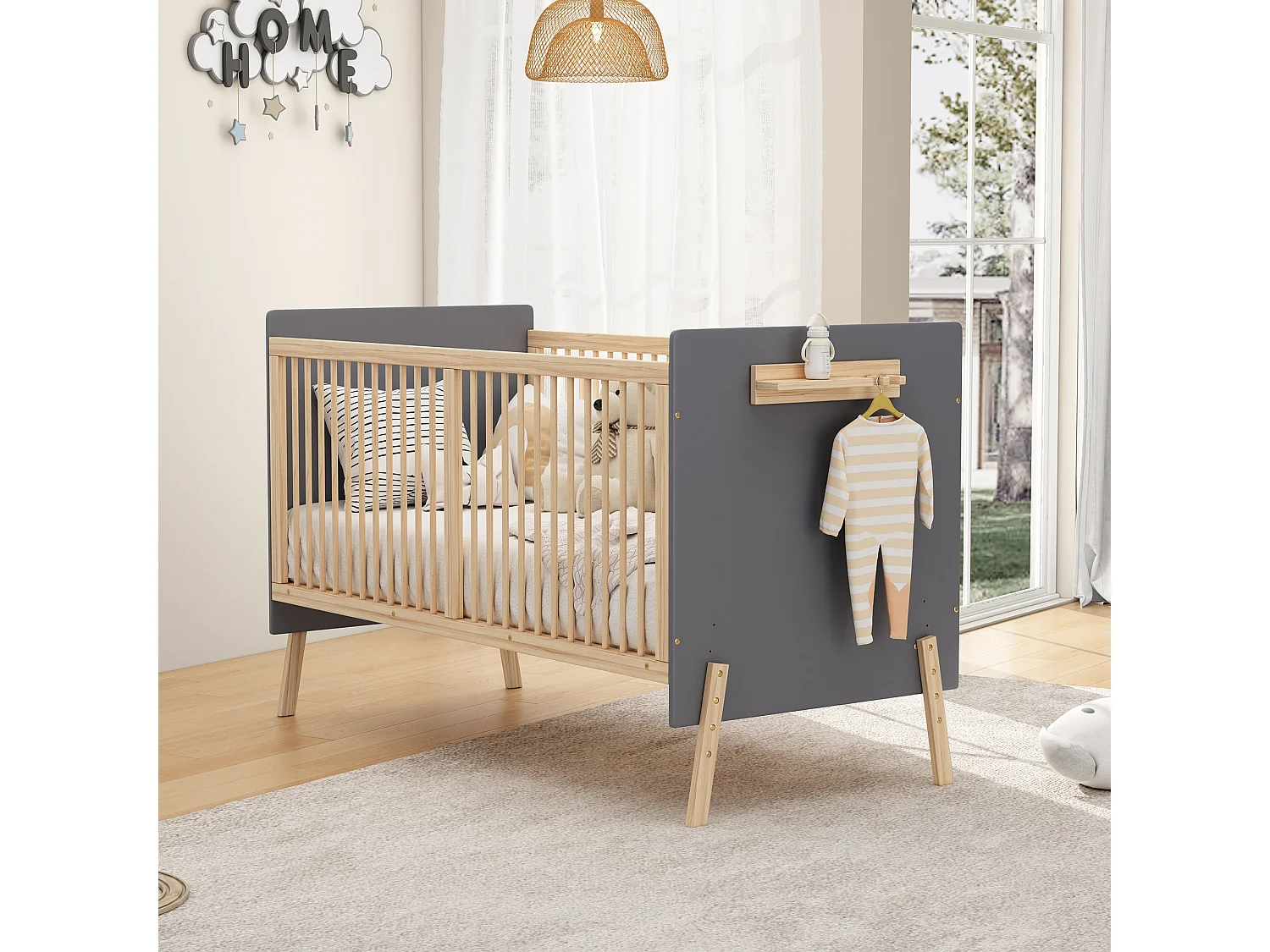 Lit bébé en bois 140x70x86 cm - Hauteur réglable - Avec étagère de rangement - Laqué - Bleu-gris + naturel (matelas non inclus)