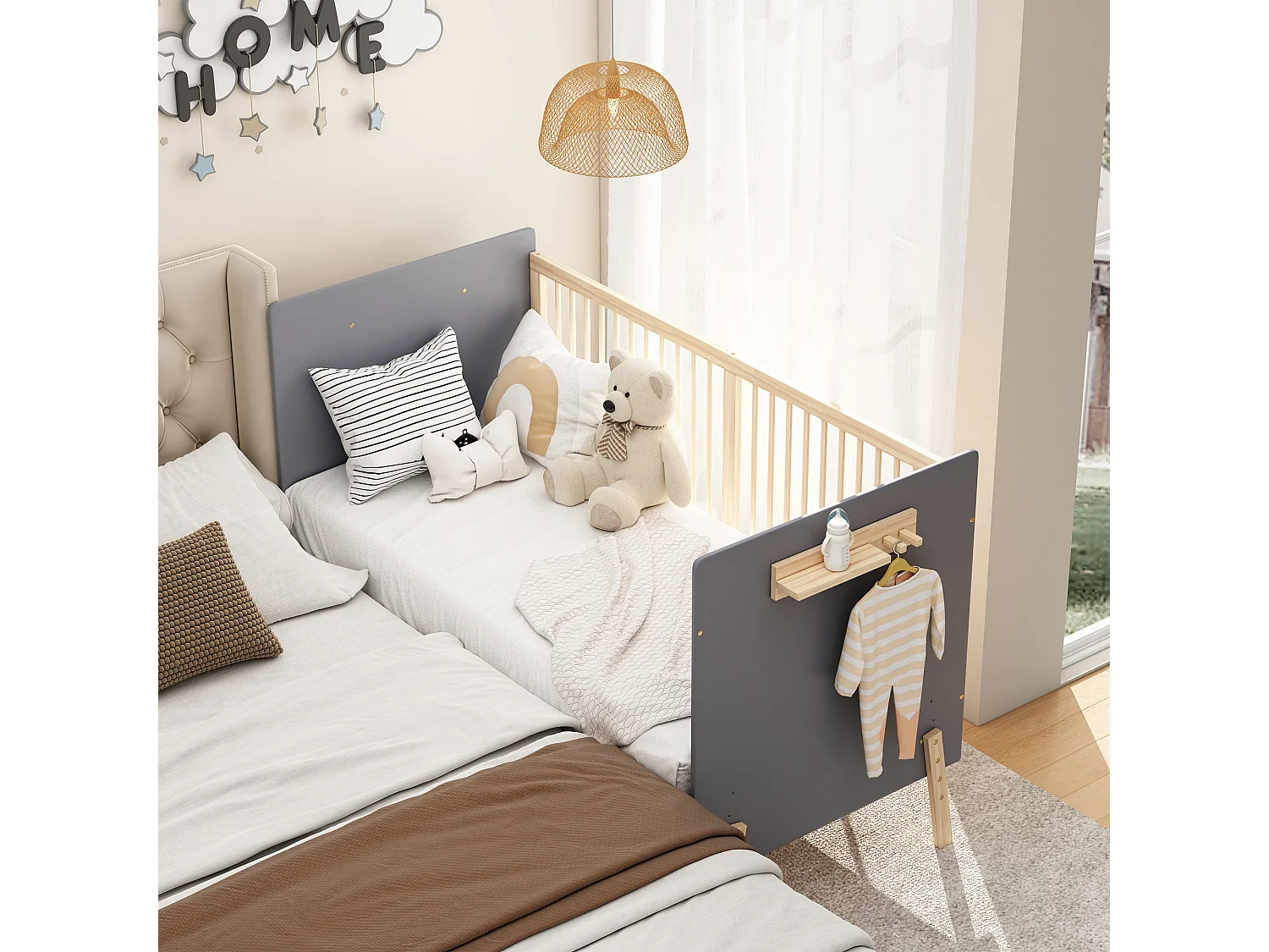 Lit bébé en bois 140x70x86 cm - Hauteur réglable - Avec étagère de rangement - Laqué - Bleu-gris + naturel (matelas non inclus)