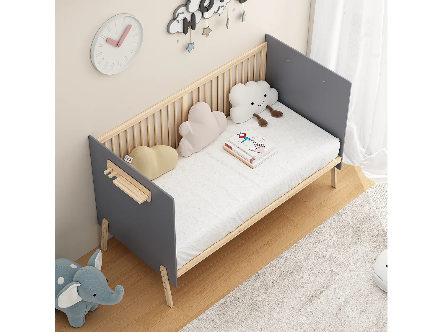 Lit bébé en bois 140x70x86 cm - Hauteur réglable - Avec étagère de rangement - Laqué - Bleu-gris + naturel (matelas non inclus)