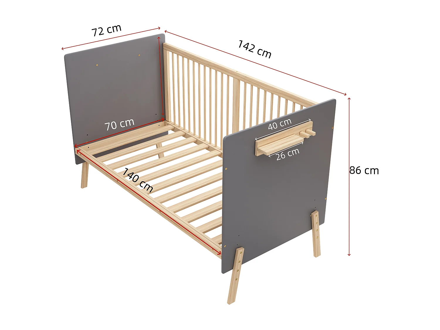 Lit bébé en bois 140x70x86 cm - Hauteur réglable - Avec étagère de rangement - Laqué - Bleu-gris + naturel (matelas non inclus)