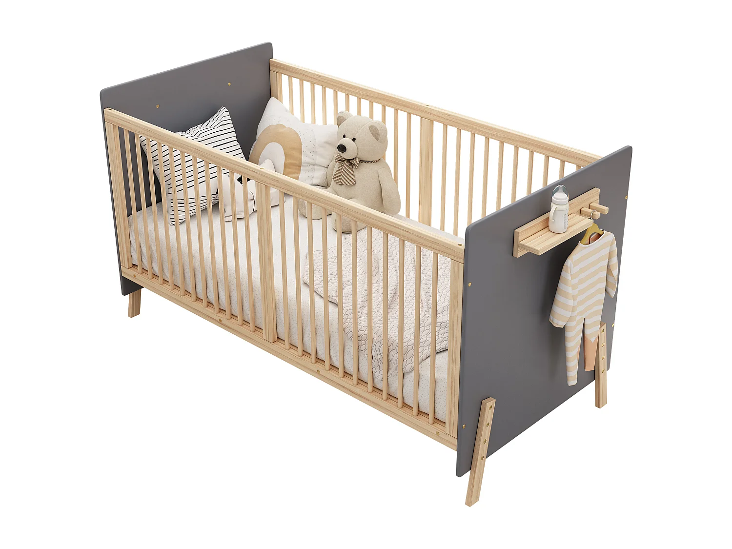 Lit bébé en bois 140x70x86 cm - Hauteur réglable - Avec étagère de rangement - Laqué - Bleu-gris + naturel (matelas non inclus)