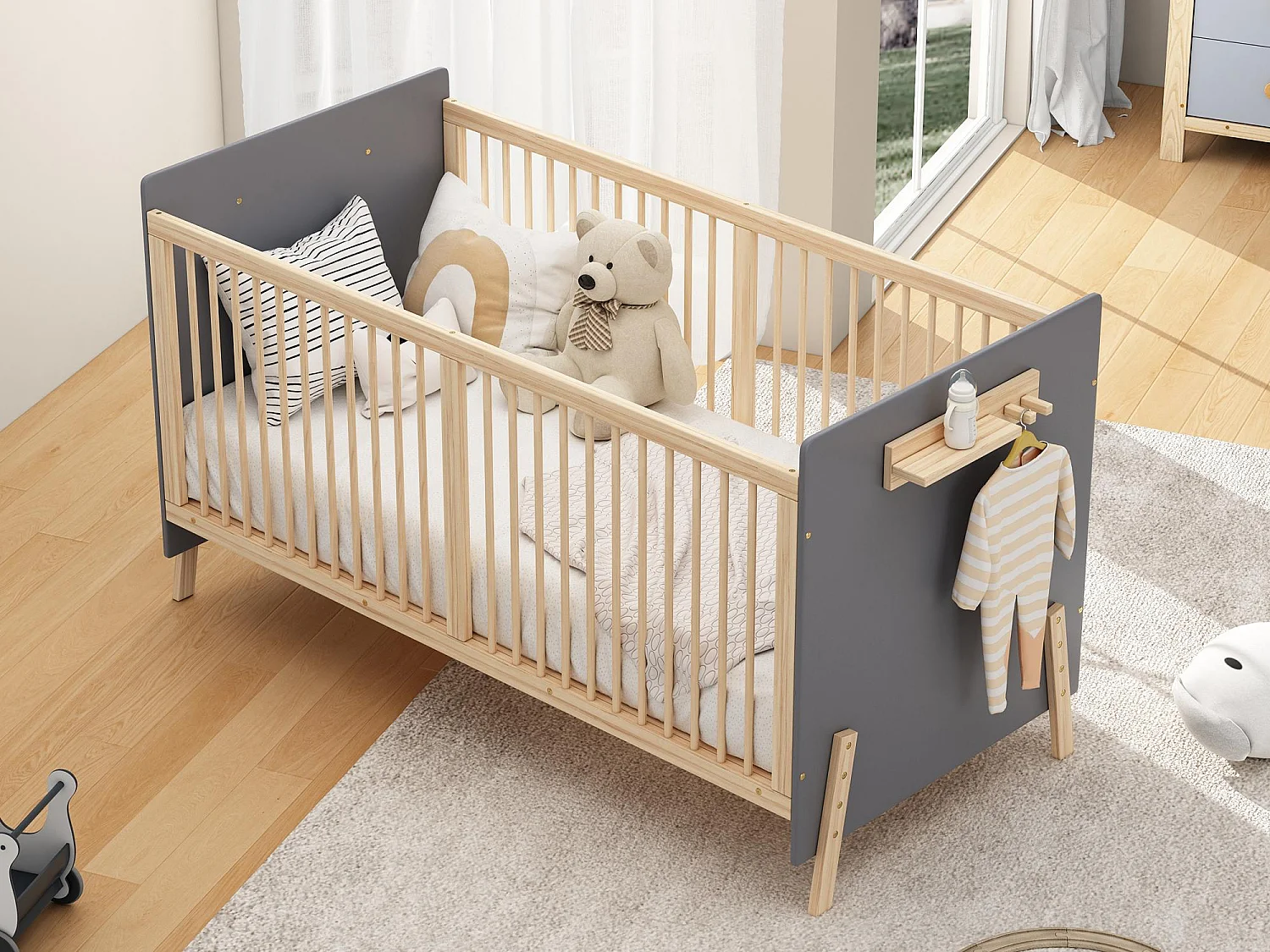 Lit bébé en bois 163x80x92 cm - Hauteur réglable - Laqué - Bleu-gris + naturel (matelas non inclus)