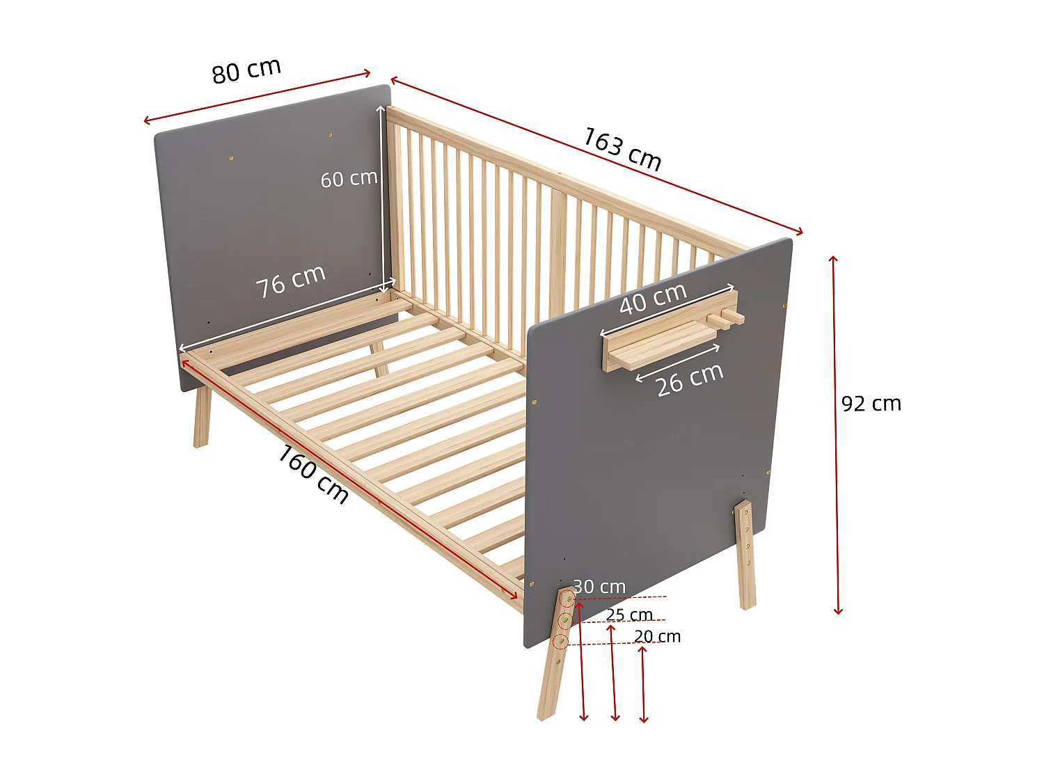 Lit bébé en bois 163x80x92 cm - Hauteur réglable - Laqué - Bleu-gris + naturel (matelas non inclus)