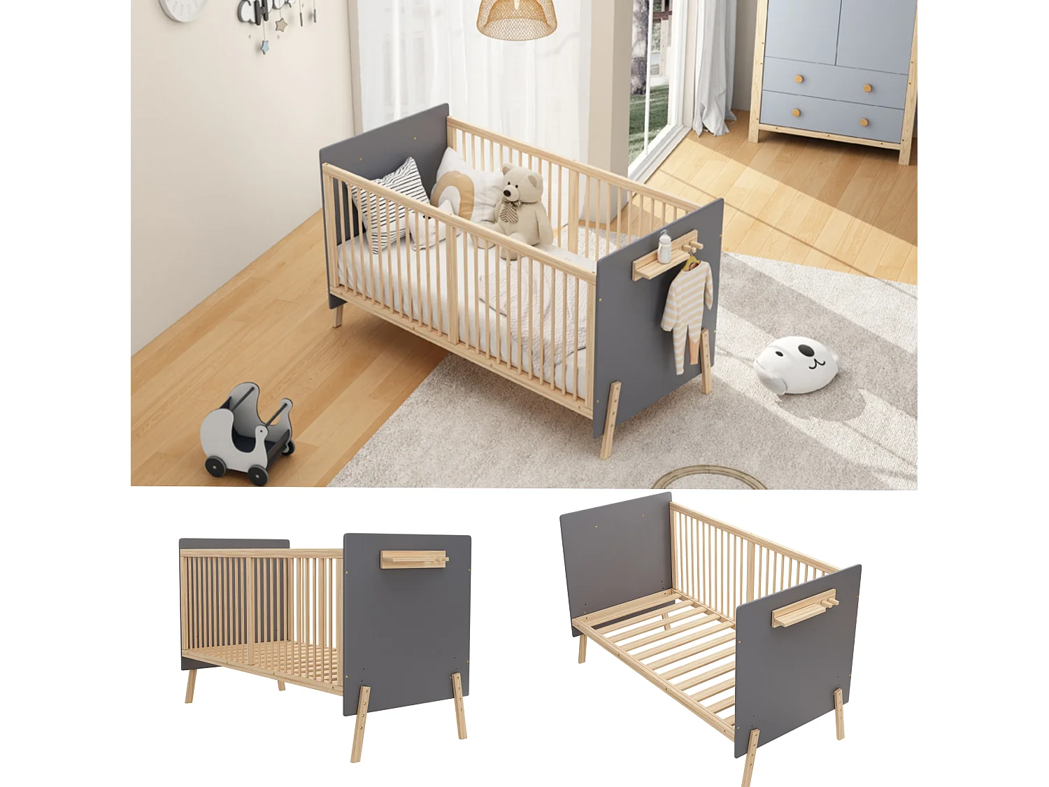 Lit bébé en bois 163x80x92 cm - Hauteur réglable - Laqué - Bleu-gris + naturel (matelas non inclus)