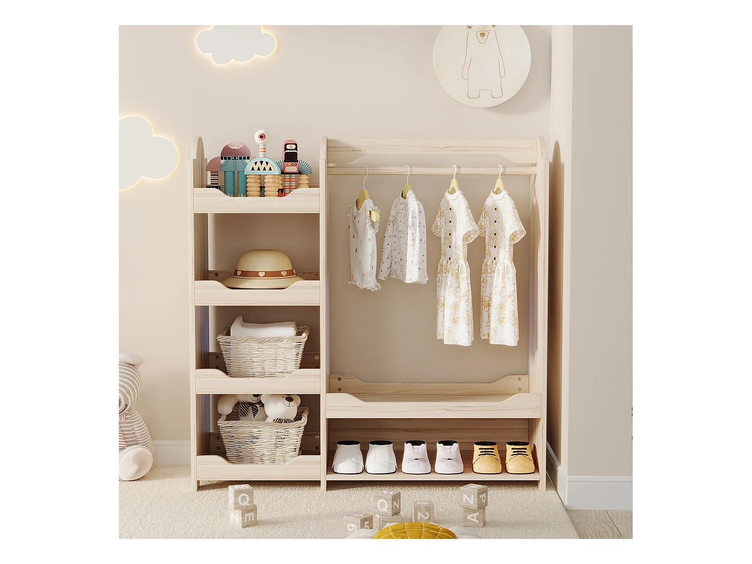 Armoire enfant 110x39x110 cm - avec tringle à vêtements - avec 4 étagères - MDF - Naturel