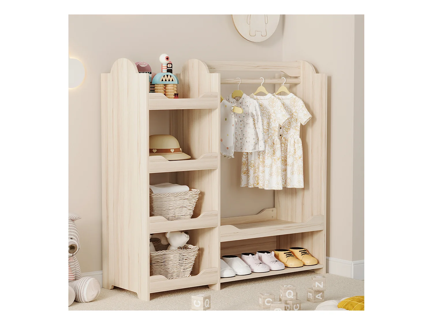 Armoire enfant 110x39x110 cm - avec tringle à vêtements - avec 4 étagères - MDF - Naturel