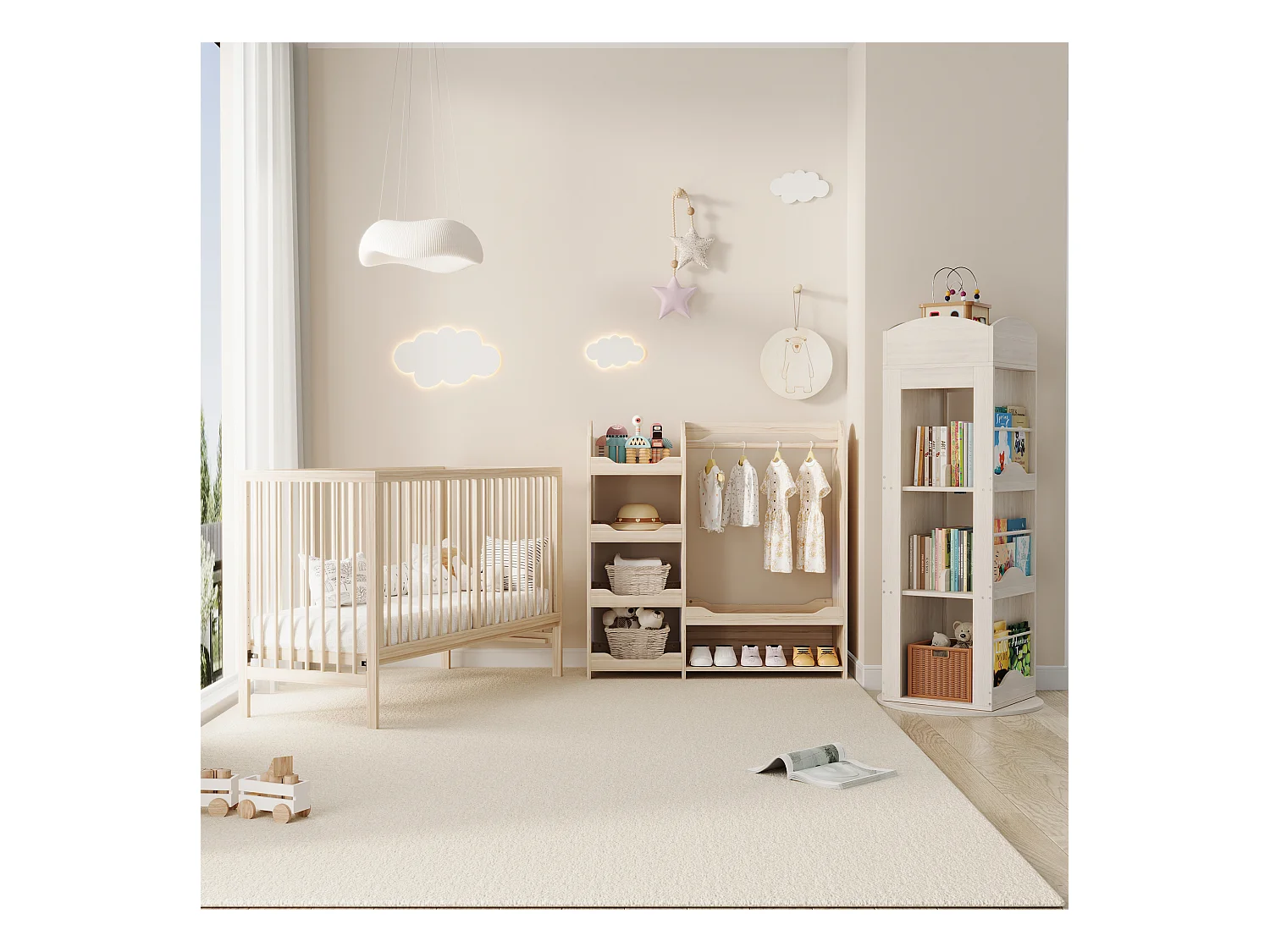 Armoire enfant 110x39x110 cm - avec tringle à vêtements - avec 4 étagères - MDF - Naturel