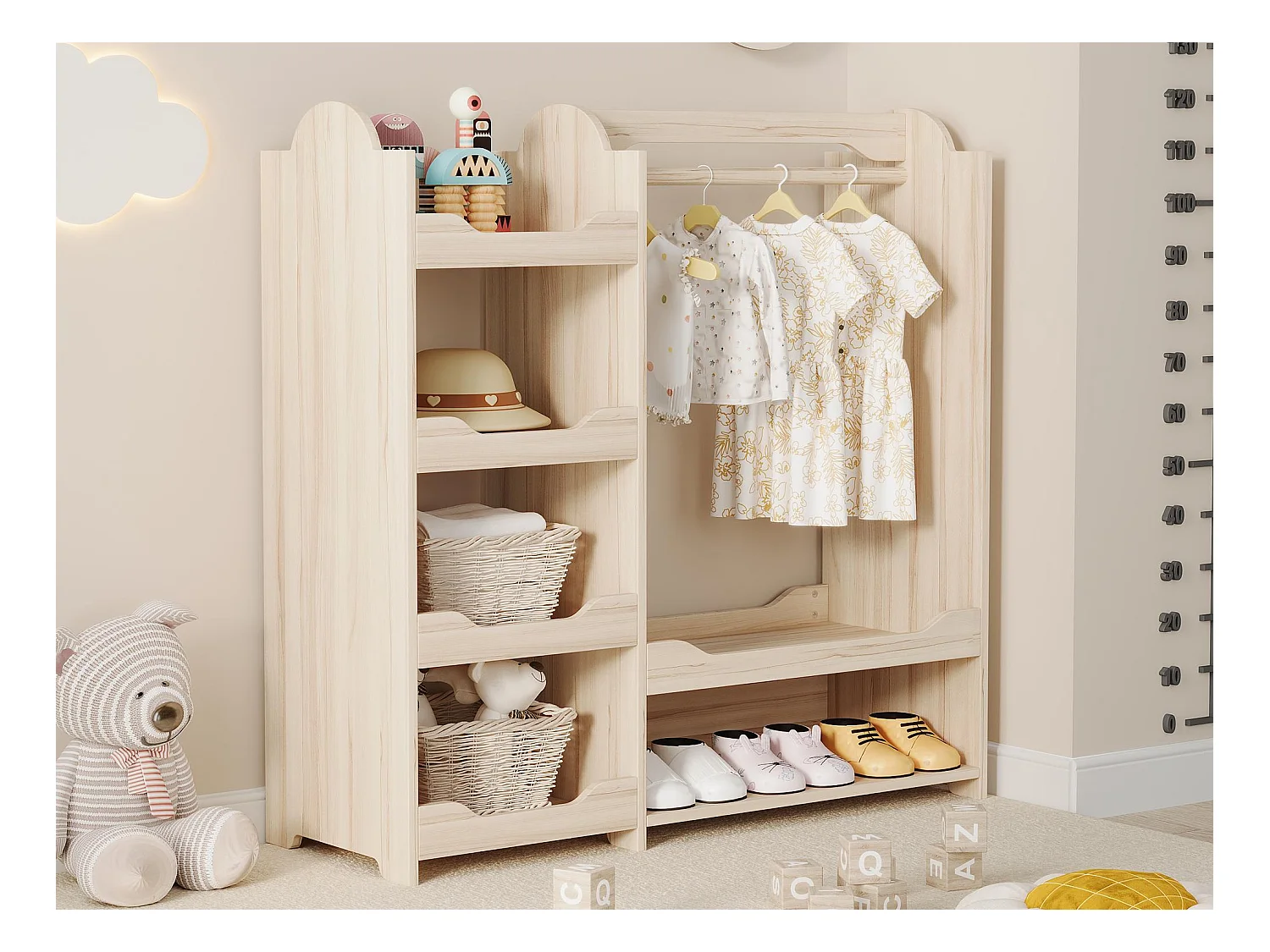 Guarda-roupa infantil 110x39x110 cm - com haste para pendurar roupas - com 4 prateleiras - MDF - Natural