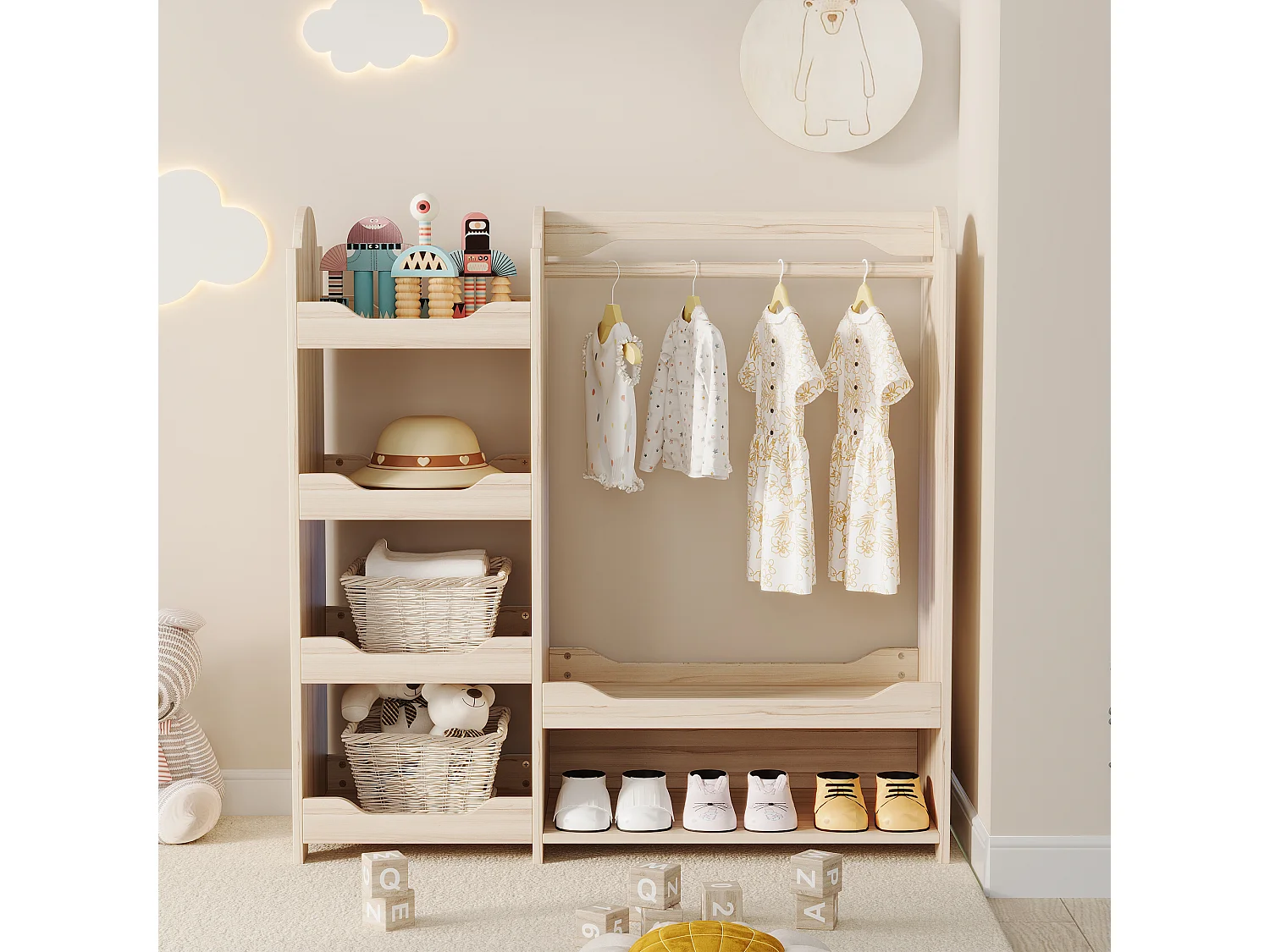 Armadio bambini 110x39x110 cm - con stanga per appendere vestiti - con 4 ripiani - MDF - Naturale