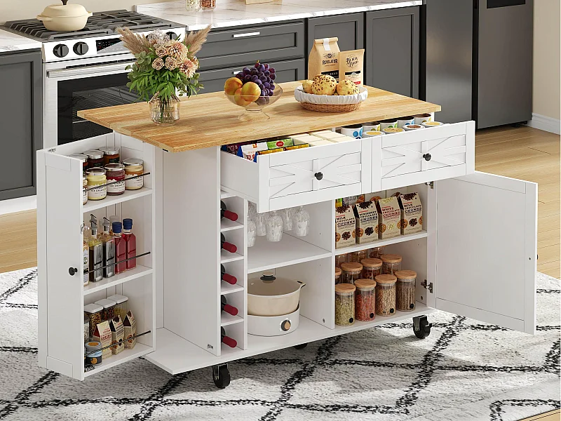 Ilot central de cuisine mobile - plateau extensible - avec casier à vin et porte-serviettes - avec 2 tiroirs et 2 portes - MDF - Blanc