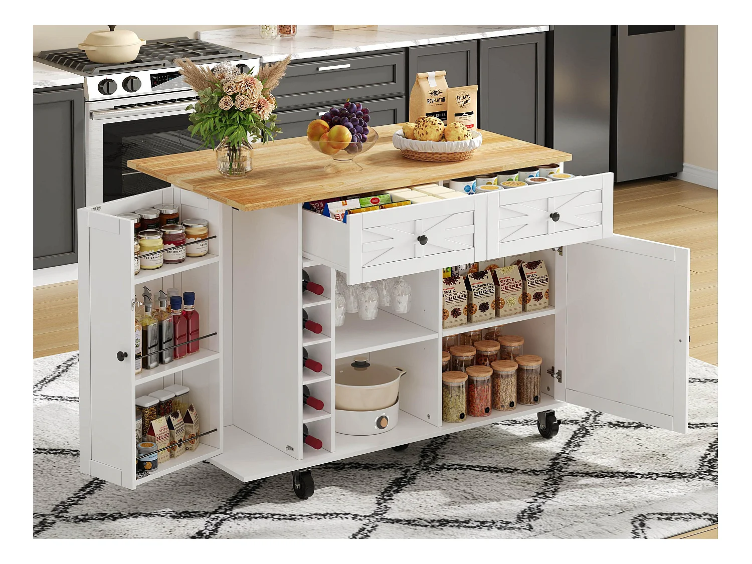 Mobilna wyspa kuchenna - rozkładany blat - z regałem na wino i wieszakiem na ręczniki - z 2 szufladami i 2 drzwiami - MDF - Biały