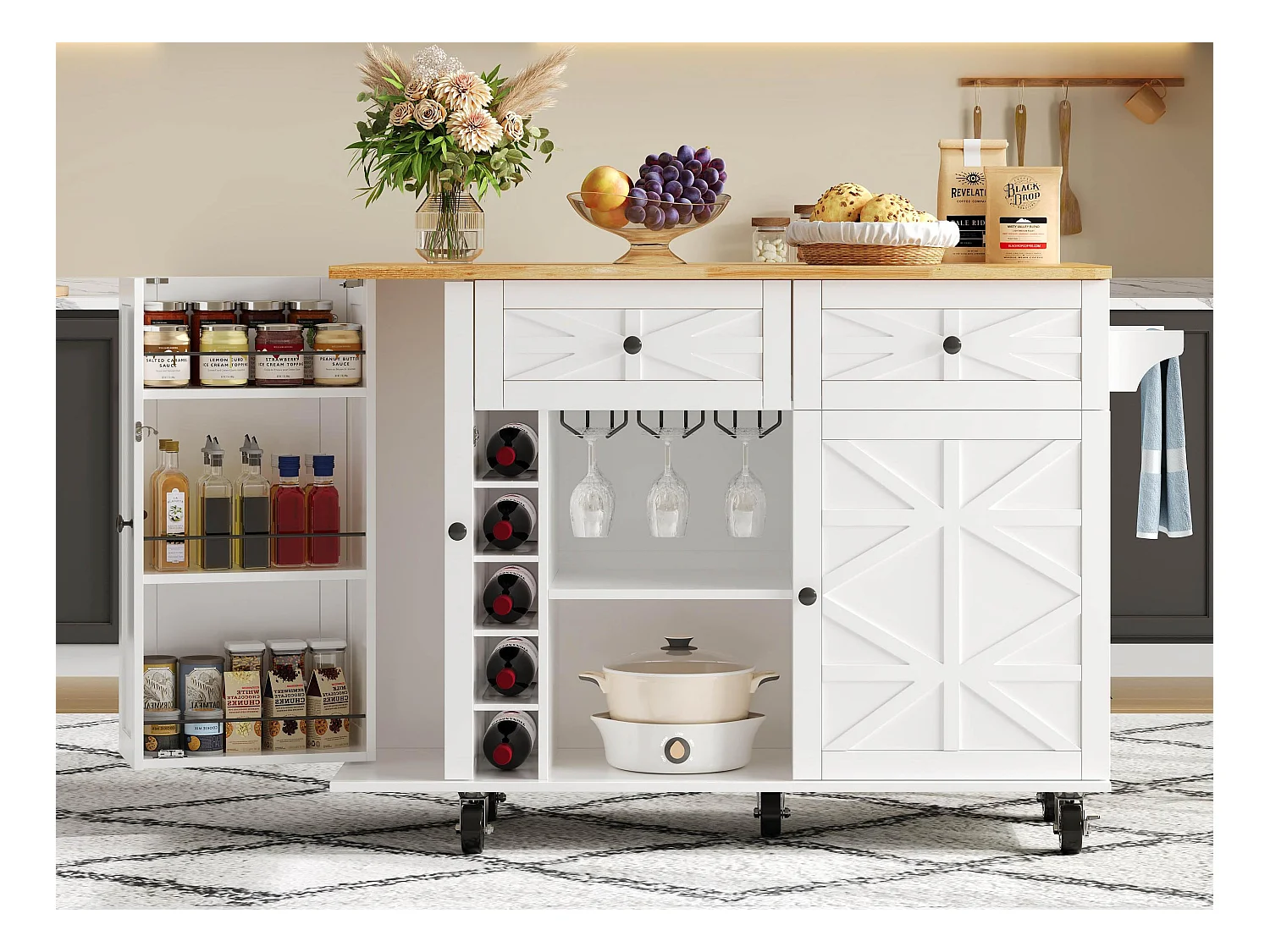 Mobilna wyspa kuchenna - rozkładany blat - z regałem na wino i wieszakiem na ręczniki - z 2 szufladami i 2 drzwiami - MDF - Biały