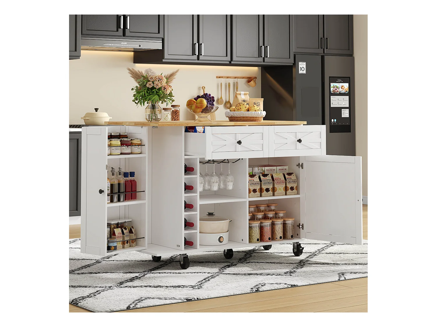 Mobilna wyspa kuchenna - rozkładany blat - z regałem na wino i wieszakiem na ręczniki - z 2 szufladami i 2 drzwiami - MDF - Biały