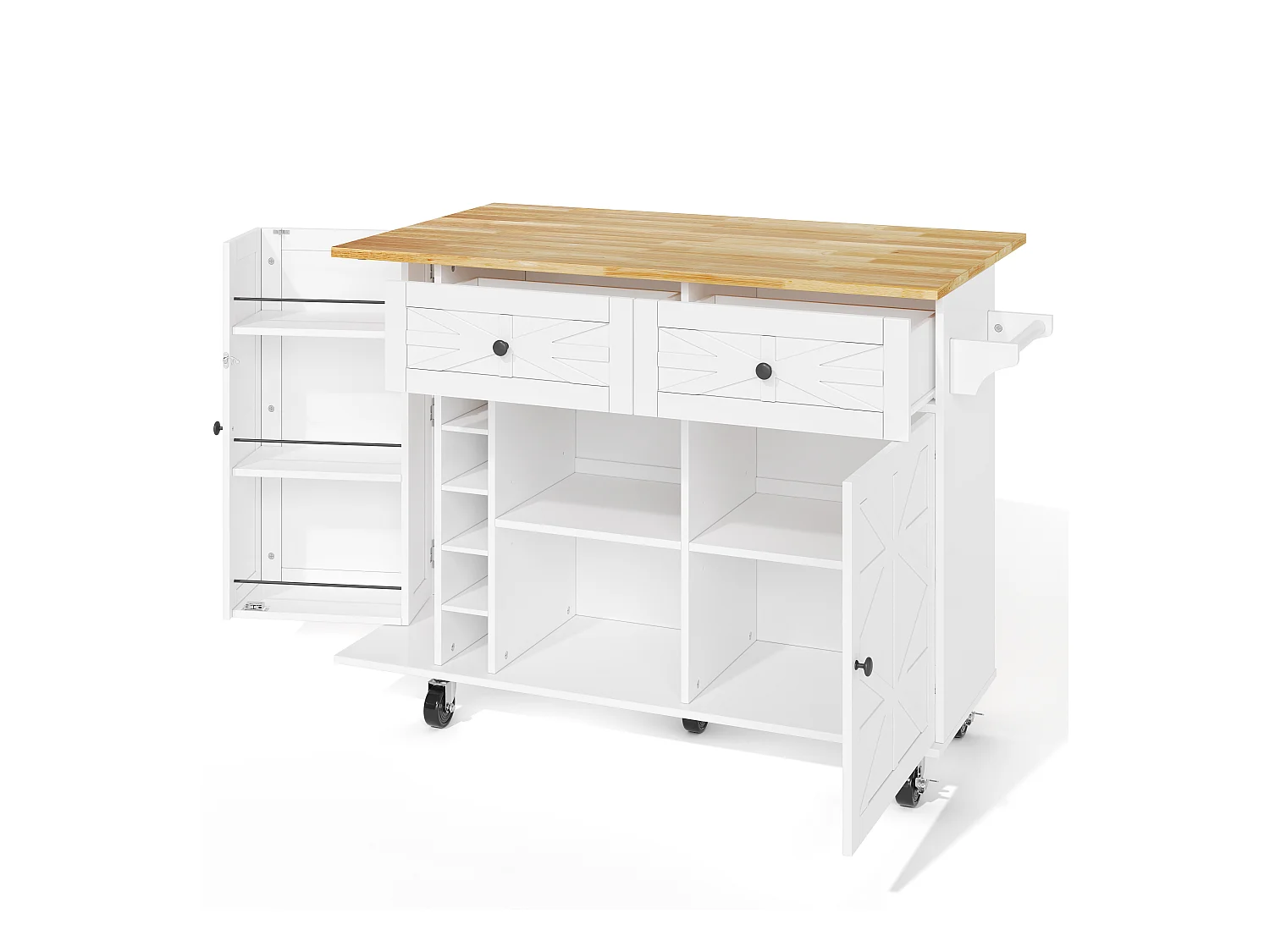 Mobilna wyspa kuchenna - rozkładany blat - z regałem na wino i wieszakiem na ręczniki - z 2 szufladami i 2 drzwiami - MDF - Biały