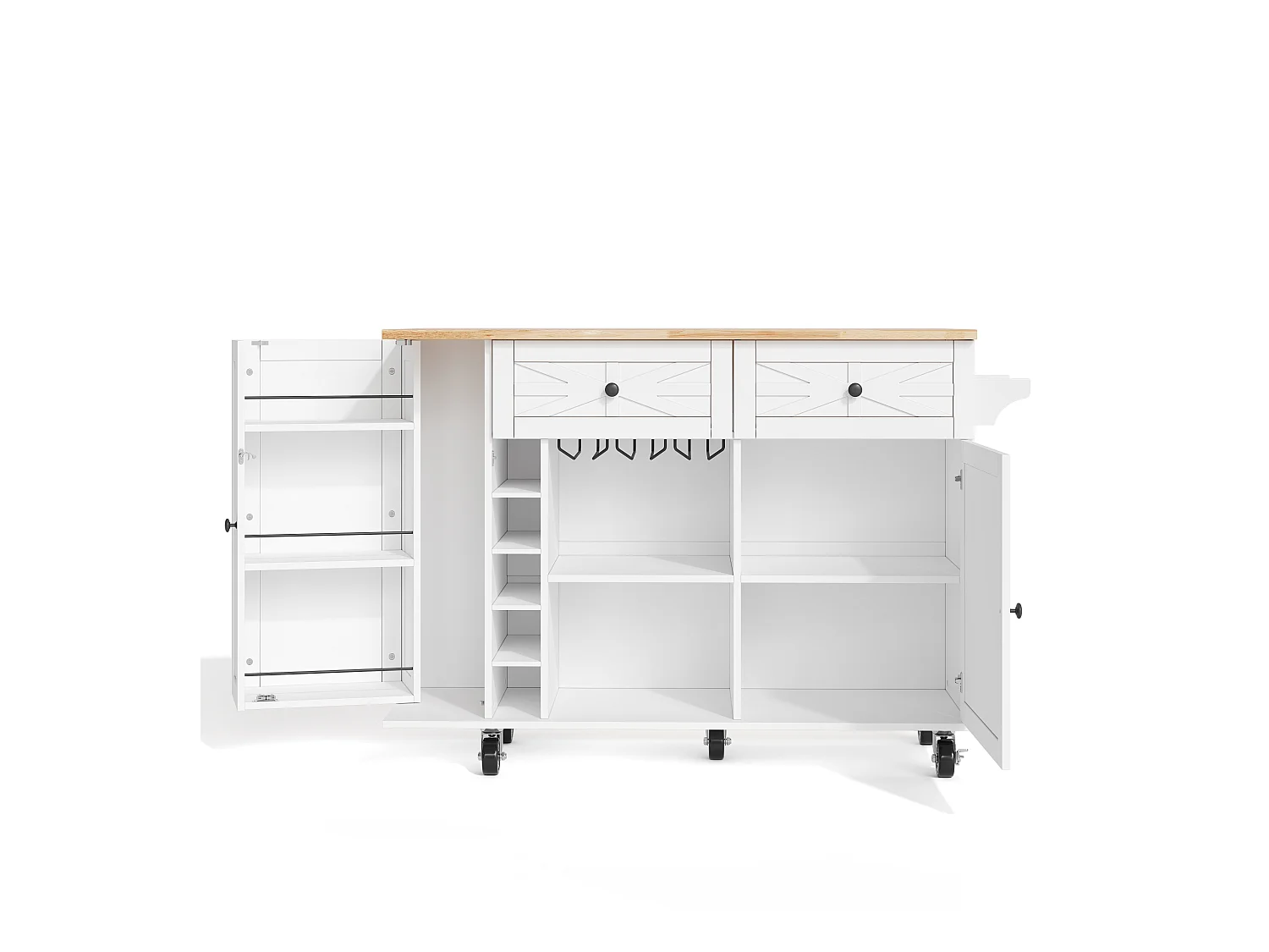Mobilna wyspa kuchenna - rozkładany blat - z regałem na wino i wieszakiem na ręczniki - z 2 szufladami i 2 drzwiami - MDF - Biały