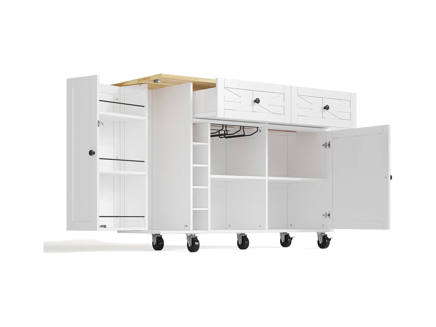 Mobilna wyspa kuchenna - rozkładany blat - z regałem na wino i wieszakiem na ręczniki - z 2 szufladami i 2 drzwiami - MDF - Biały