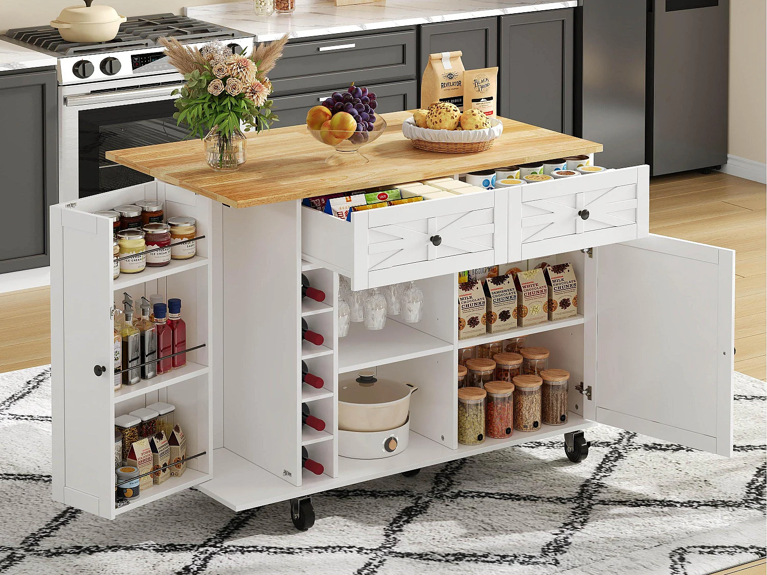 Ilot central de cuisine mobile - plateau extensible - avec casier à vin et porte-serviettes - avec 2 tiroirs et 2 portes - MDF - Blanc
