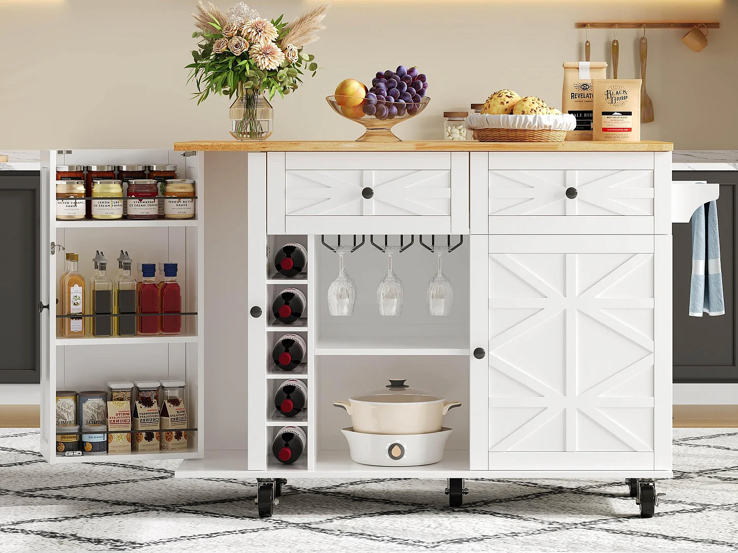 Ilot central de cuisine mobile - plateau extensible - avec casier à vin et porte-serviettes - avec 2 tiroirs et 2 portes - MDF - Blanc