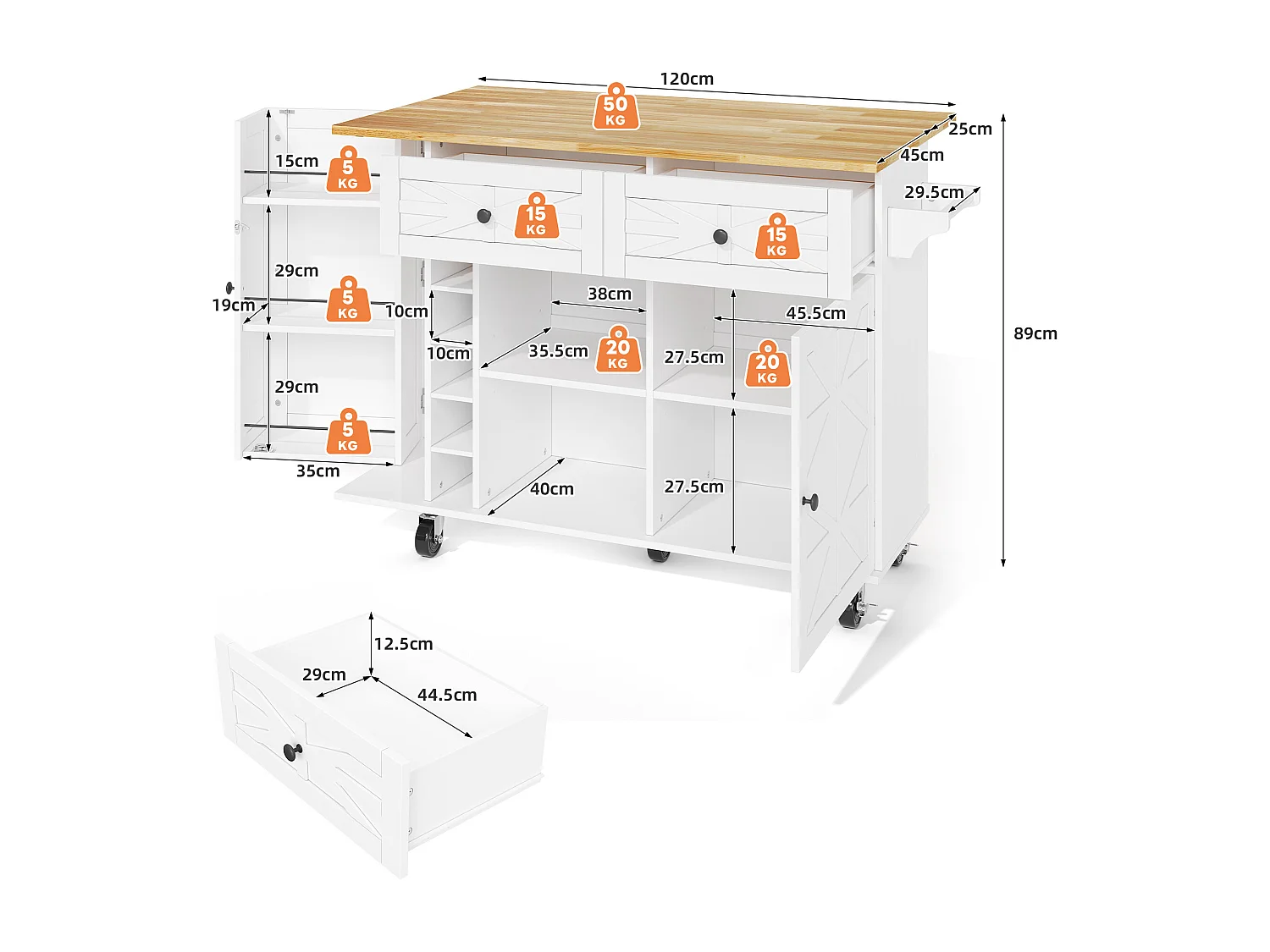 Ilot central de cuisine mobile - plateau extensible - avec casier à vin et porte-serviettes - avec 2 tiroirs et 2 portes - MDF - Blanc