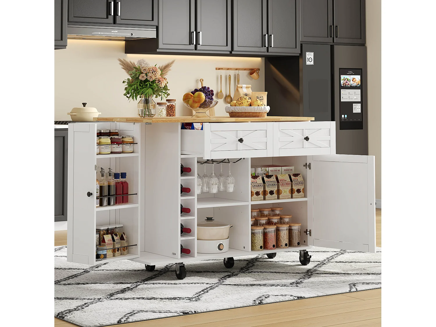 Ilot central de cuisine mobile - plateau extensible - avec casier à vin et porte-serviettes - avec 2 tiroirs et 2 portes - MDF - Blanc