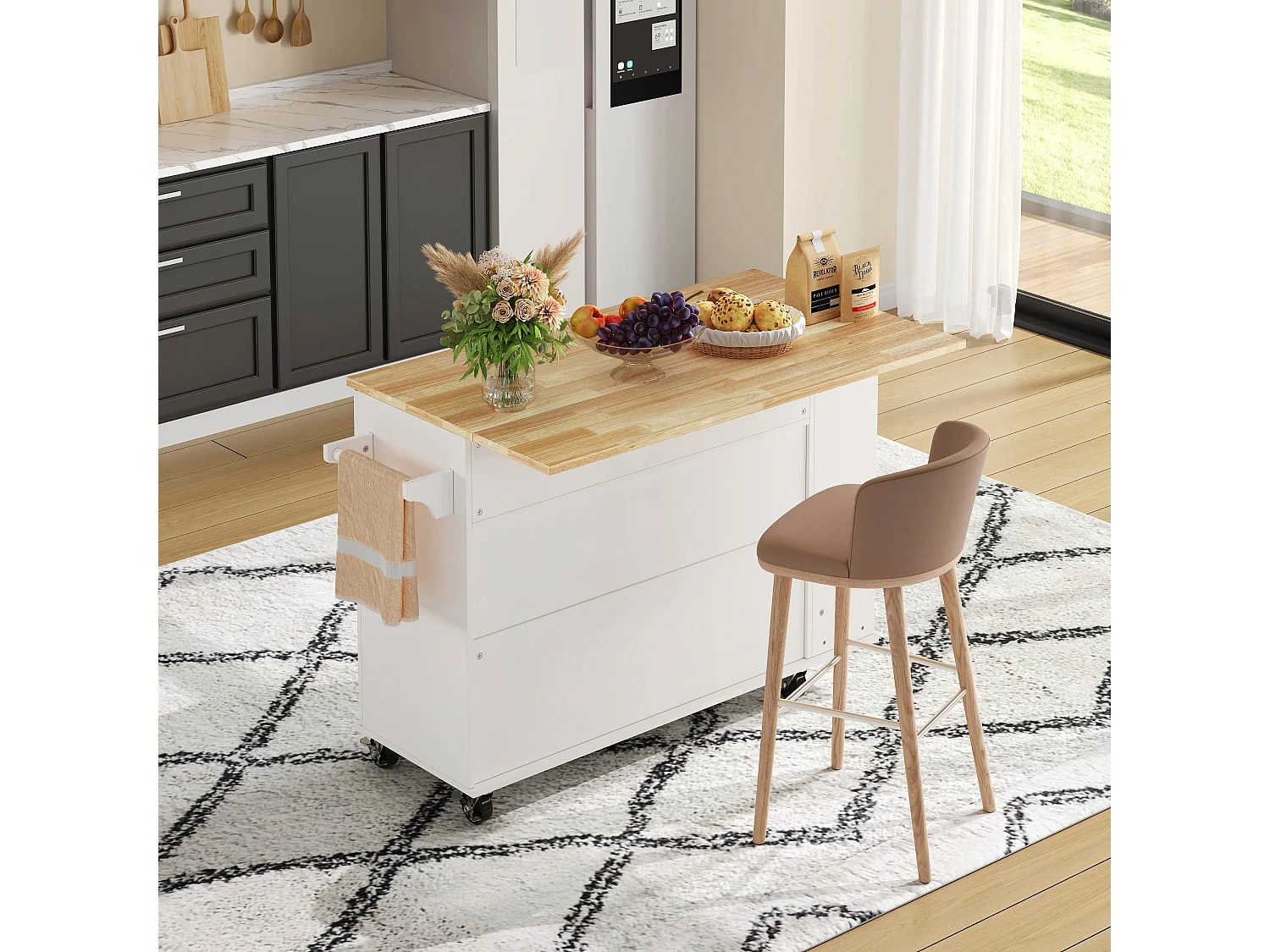 Ilot central de cuisine mobile - plateau extensible - avec casier à vin et porte-serviettes - avec 2 tiroirs et 2 portes - MDF - Blanc