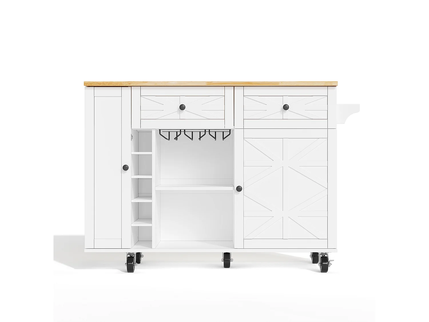 Ilot central de cuisine mobile - plateau extensible - avec casier à vin et porte-serviettes - avec 2 tiroirs et 2 portes - MDF - Blanc