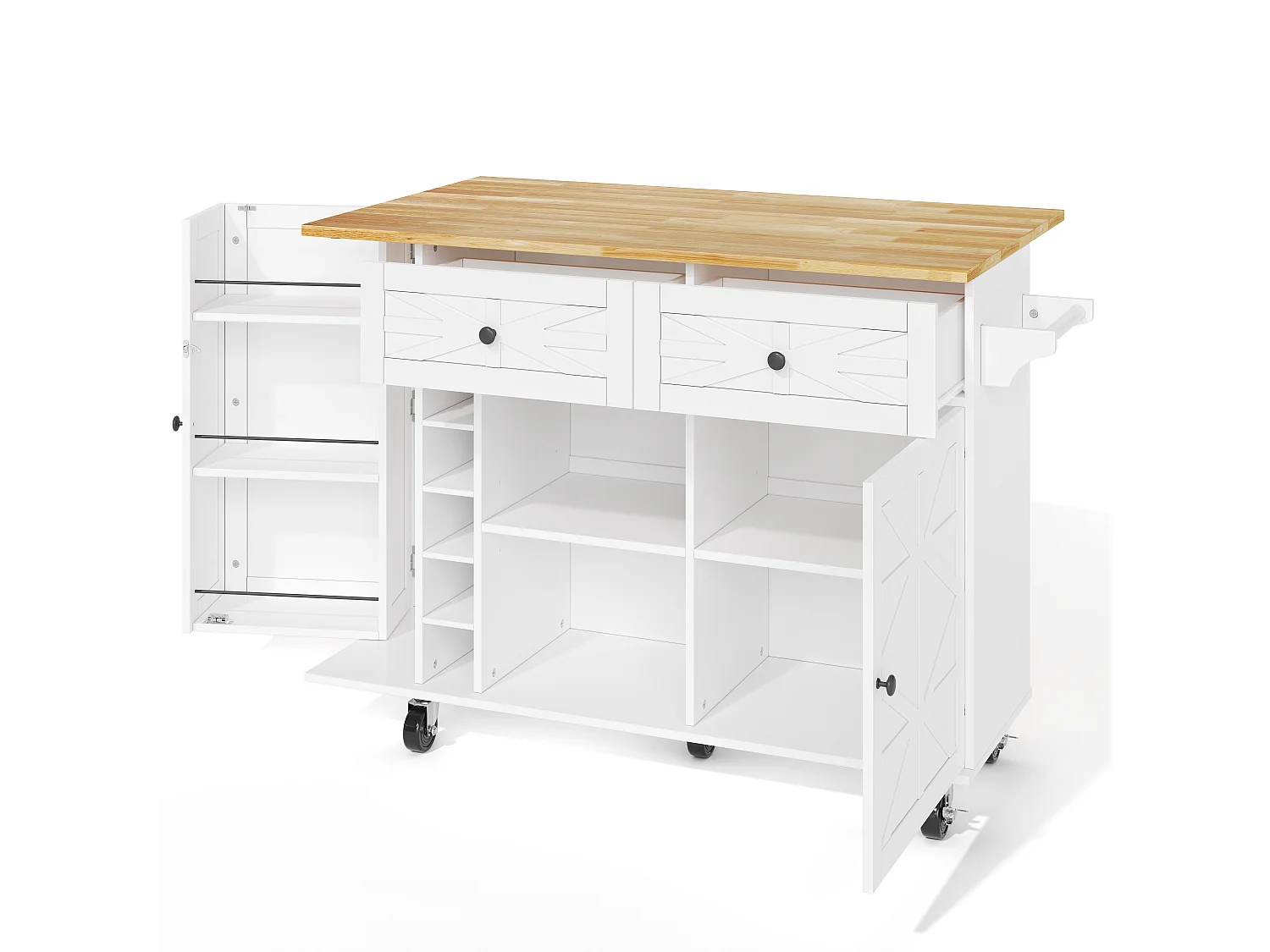 Ilot central de cuisine mobile - plateau extensible - avec casier à vin et porte-serviettes - avec 2 tiroirs et 2 portes - MDF - Blanc