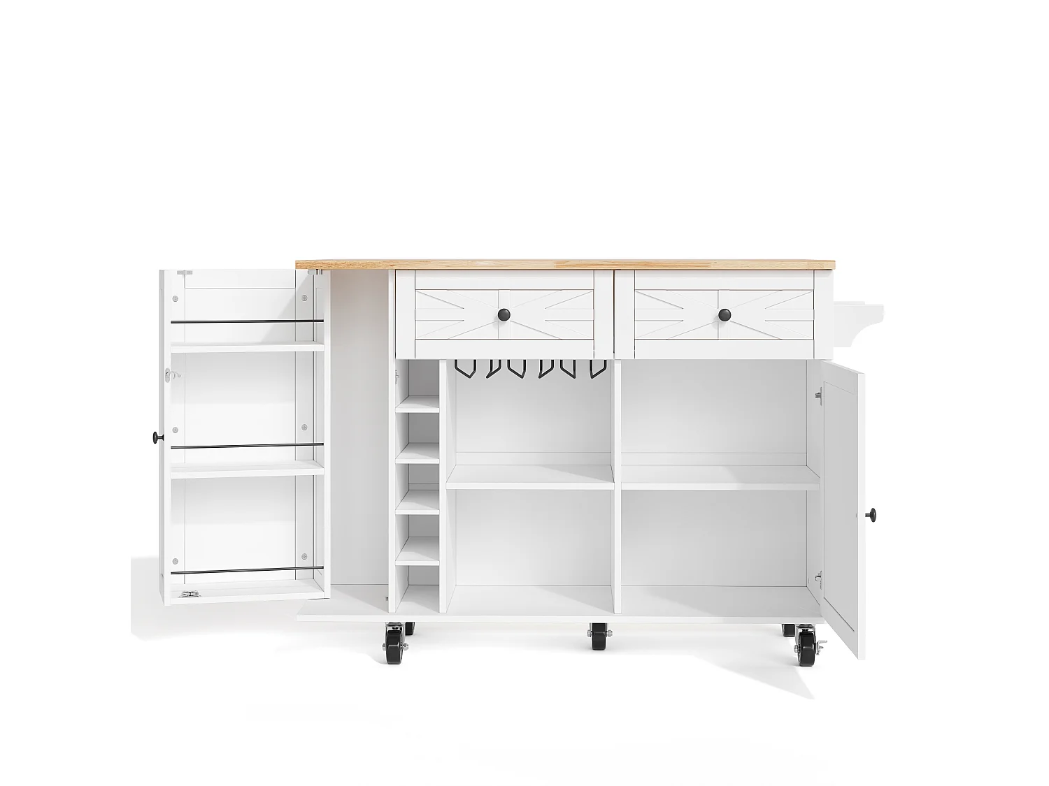 Ilot central de cuisine mobile - plateau extensible - avec casier à vin et porte-serviettes - avec 2 tiroirs et 2 portes - MDF - Blanc