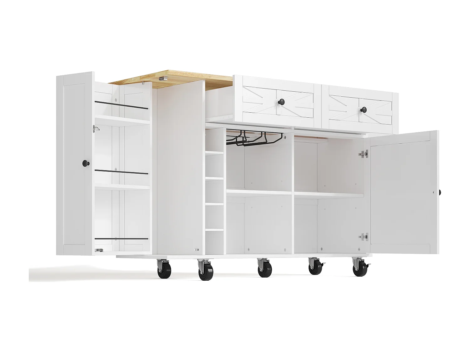 Ilot central de cuisine mobile - plateau extensible - avec casier à vin et porte-serviettes - avec 2 tiroirs et 2 portes - MDF - Blanc