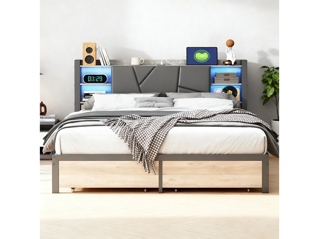 Lit double 160x200 avec tiroirs rembourré -  lit 160x200 cm avec LED et USB -  lit adulte 160x200 cm avec sommier à lattes- capitonné en tissu PU - noir