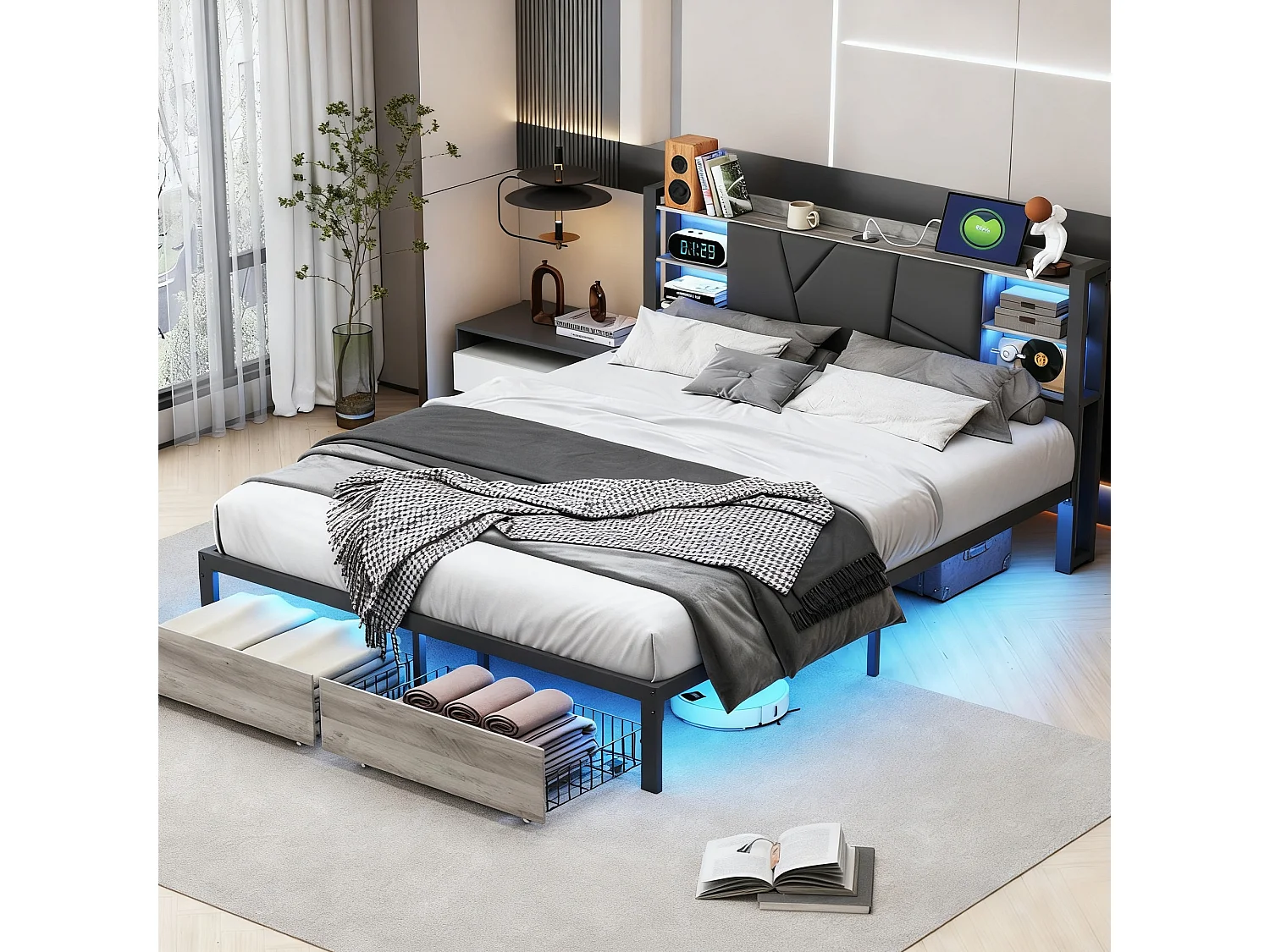 Lit double 160x200 avec tiroirs rembourré -  lit 160x200 cm avec LED et USB -  lit adulte 160x200 cm avec sommier à lattes- capitonné en tissu PU - noir