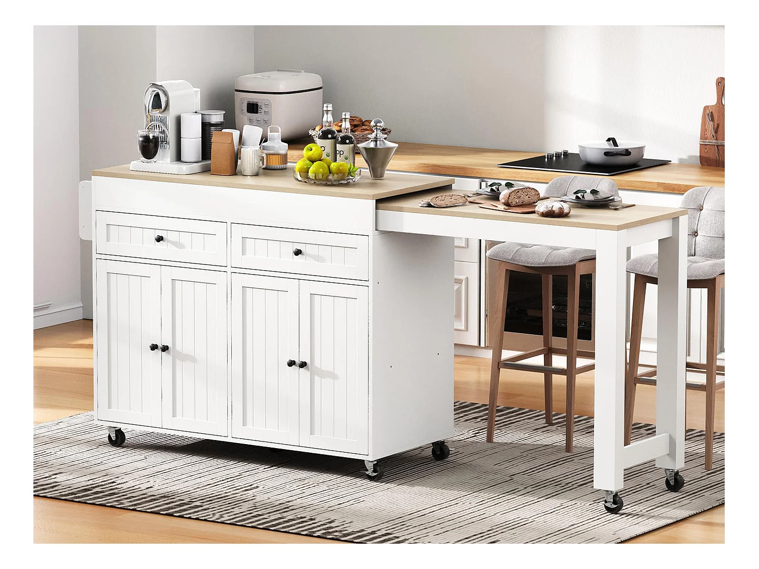 Ilot central de cuisine - avec 4 portes et 2 tiroirs - plateau extensible - avec roulettes - 180.5x45x92.2 cm - Blanc + Naturel