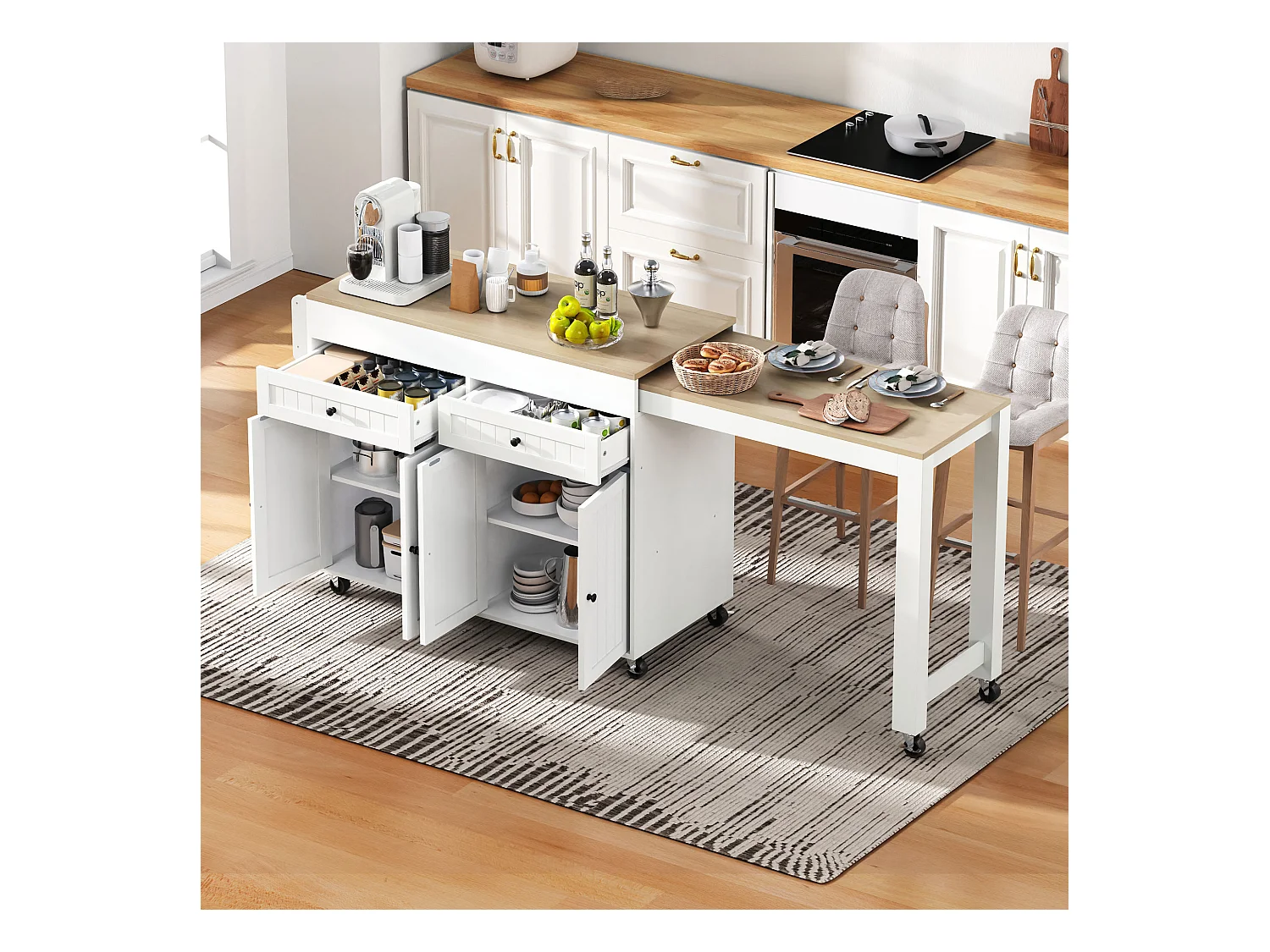 Ilot central de cuisine - avec 4 portes et 2 tiroirs - plateau extensible - avec roulettes - 180.5x45x92.2 cm - Blanc + Naturel