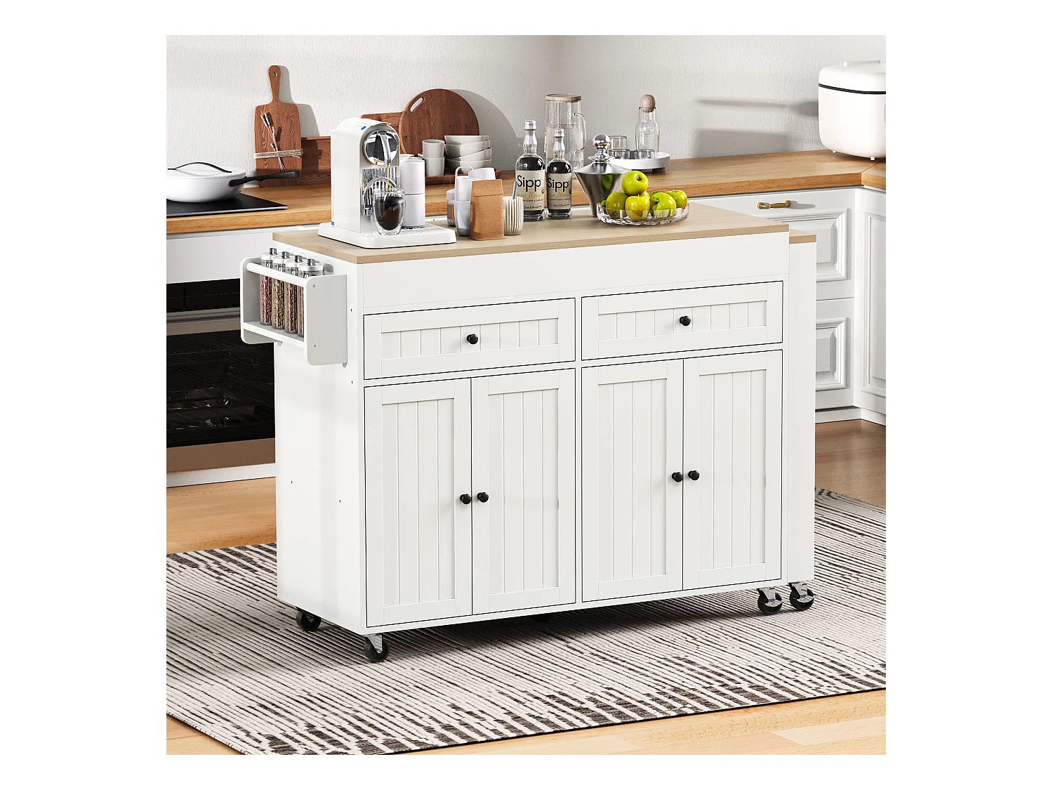 Ilot central de cuisine - avec 4 portes et 2 tiroirs - plateau extensible - avec roulettes - 180.5x45x92.2 cm - Blanc + Naturel