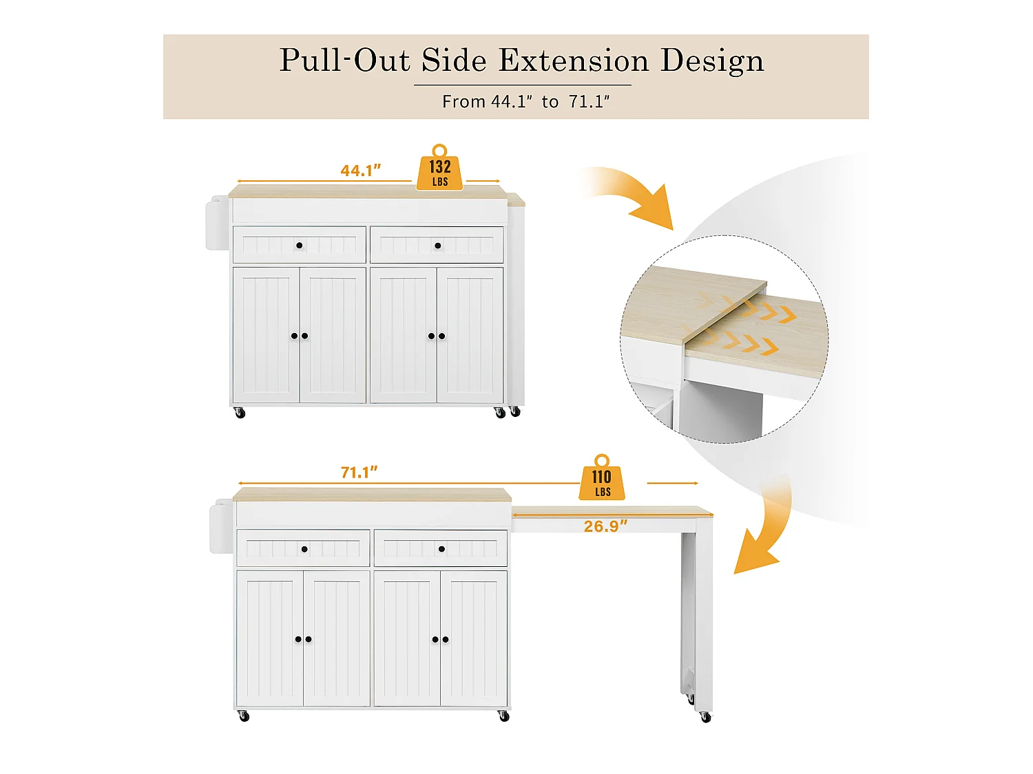 Ilot central de cuisine - avec 4 portes et 2 tiroirs - plateau extensible - avec roulettes - 180.5x45x92.2 cm - Blanc + Naturel