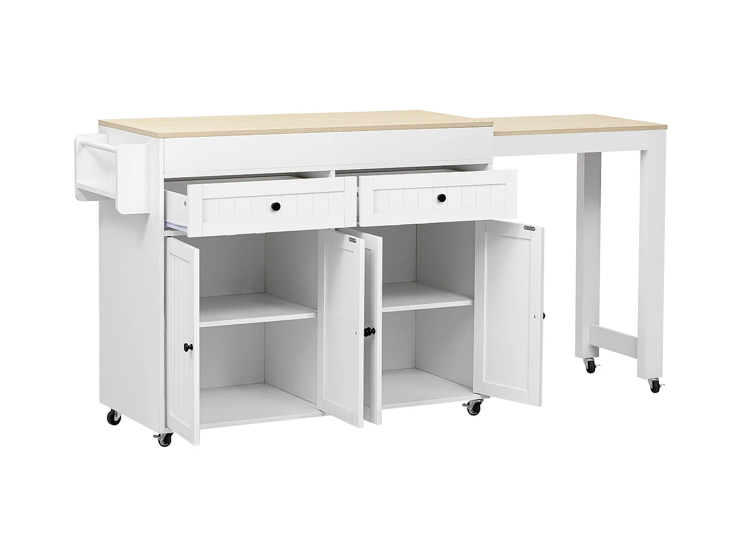 Ilot central de cuisine - avec 4 portes et 2 tiroirs - plateau extensible - avec roulettes - 180.5x45x92.2 cm - Blanc + Naturel