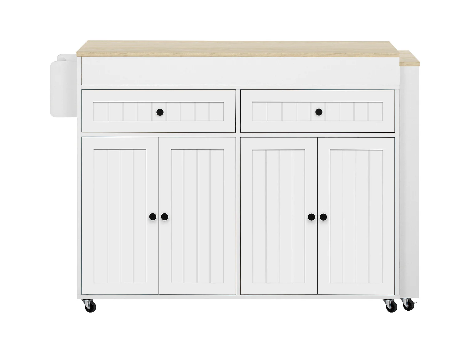 Ilot central de cuisine - avec 4 portes et 2 tiroirs - plateau extensible - avec roulettes - 180.5x45x92.2 cm - Blanc + Naturel