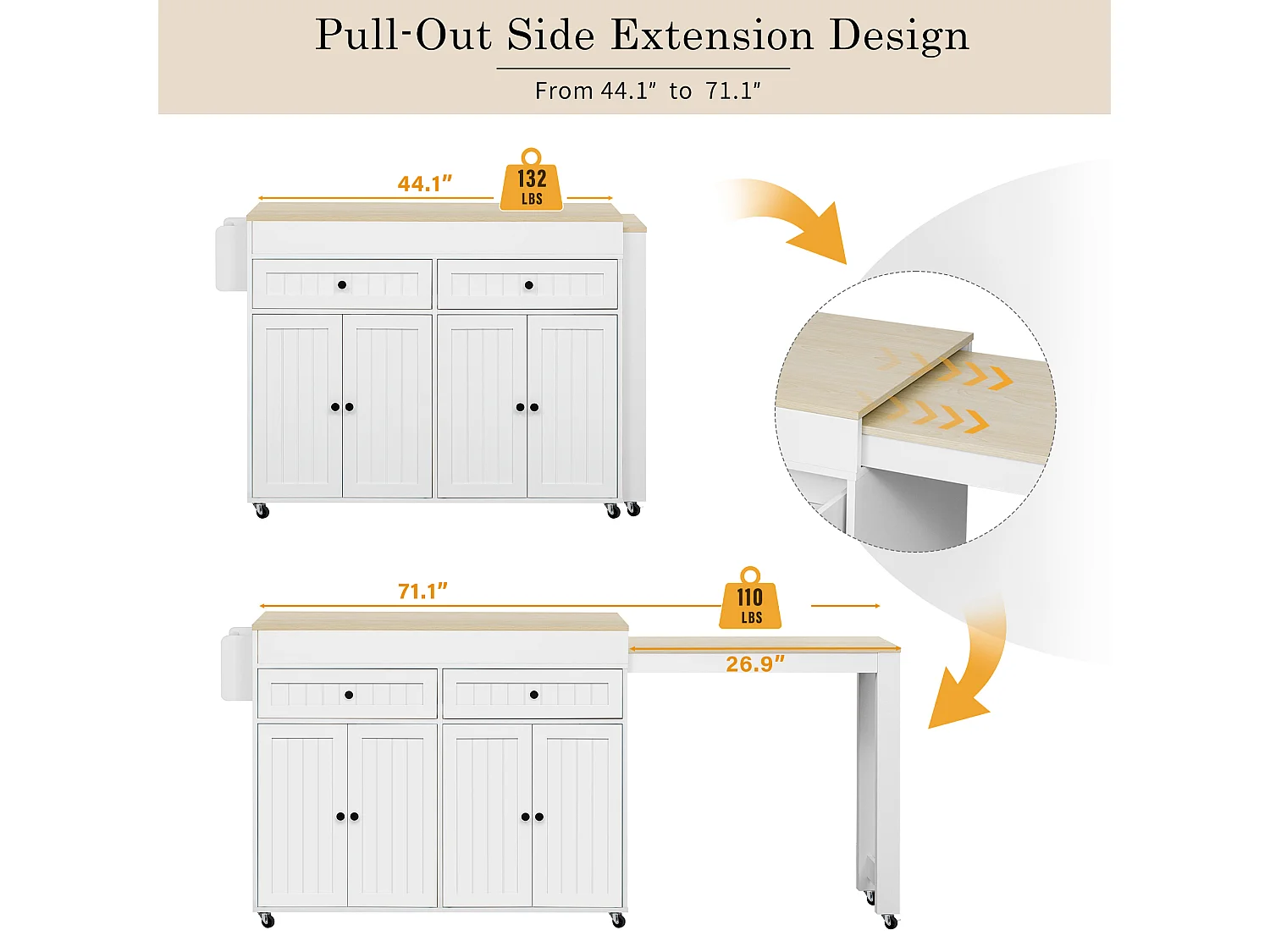 Keukeneiland - met 4 deuren en 2 laden - uitschuifbaar werkblad - met wielen - 180,5×45×92,2 cm - Wit + Natuur