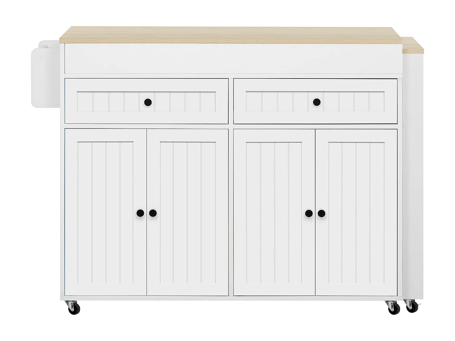 Keukeneiland - met 4 deuren en 2 laden - uitschuifbaar werkblad - met wielen - 180,5×45×92,2 cm - Wit + Natuur