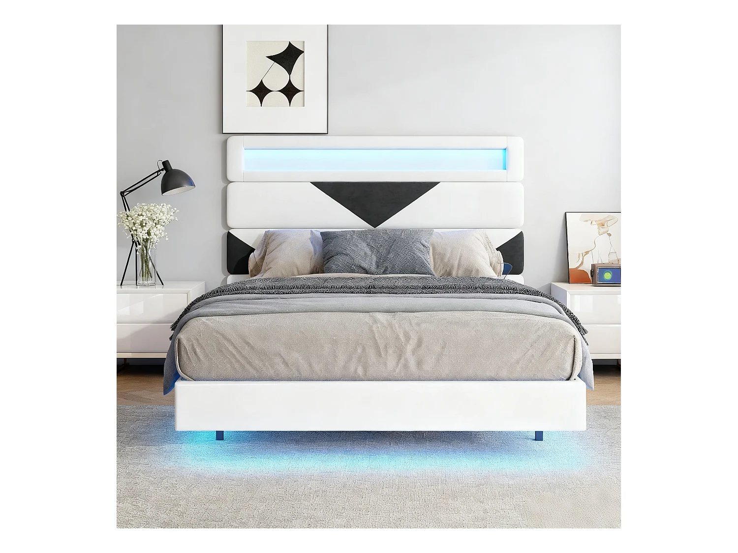 Lit triangle 140x190 cm avec LED et USB - lit adulte 140x190 cm - cadre de lit double 140x190 cm avec sommier à lattes - tissu en  velours - blanc cassé et noir