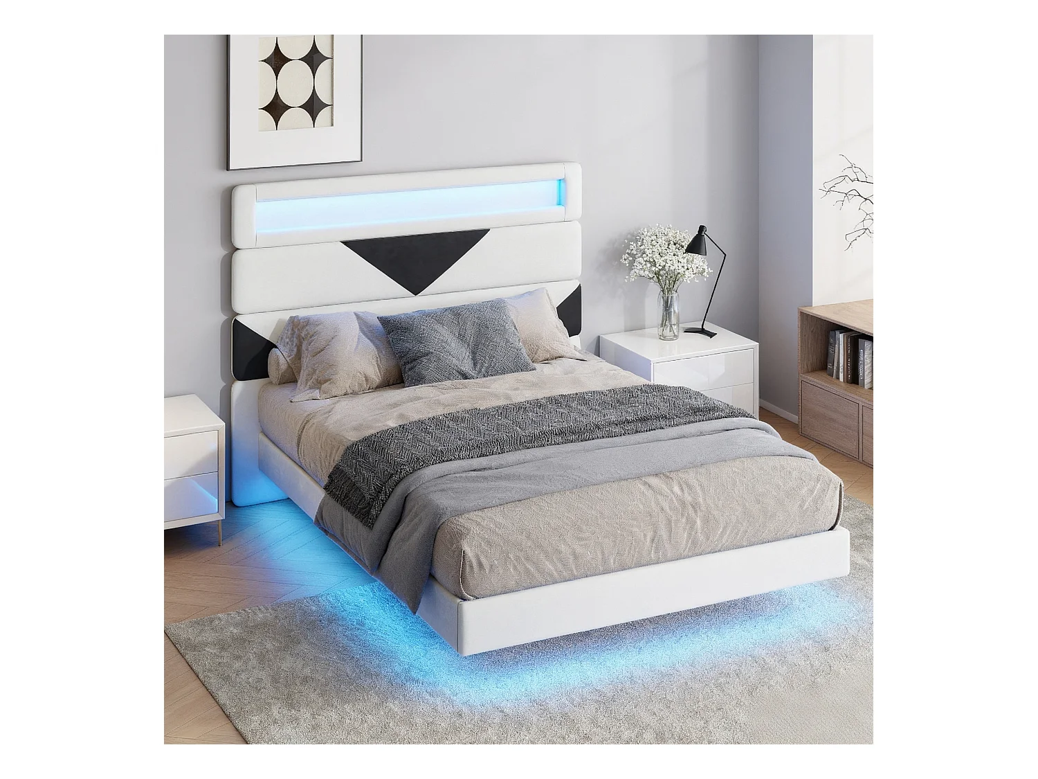 Lit triangle 140x190 cm avec LED et USB - lit adulte 140x190 cm - cadre de lit double 140x190 cm avec sommier à lattes - tissu en  velours - blanc cassé et noir