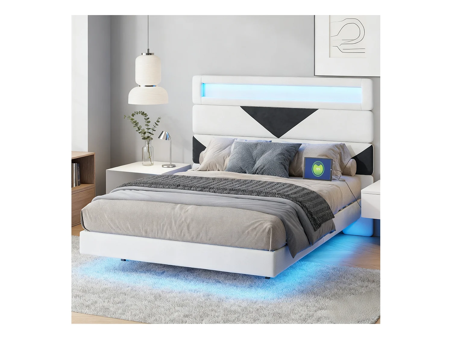 Lit triangle 140x190 cm avec LED et USB - lit adulte 140x190 cm - cadre de lit double 140x190 cm avec sommier à lattes - tissu en  velours - blanc cassé et noir